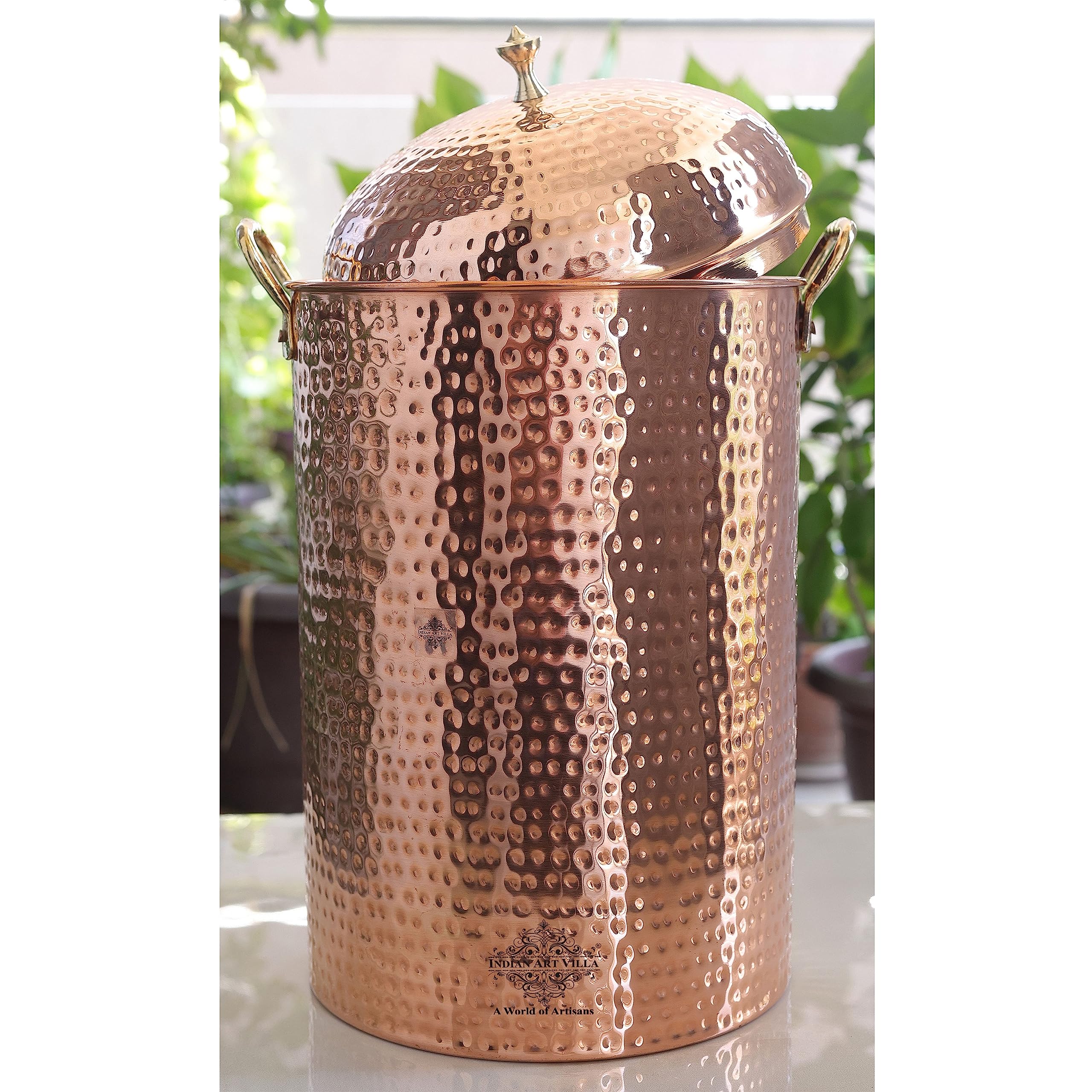 Indian Art Villa Copper Hammered 12000 ML Flat Storage Pot - Serving & Storage - Home, Hotel, Restaurant, Gift Item, Decorative 3