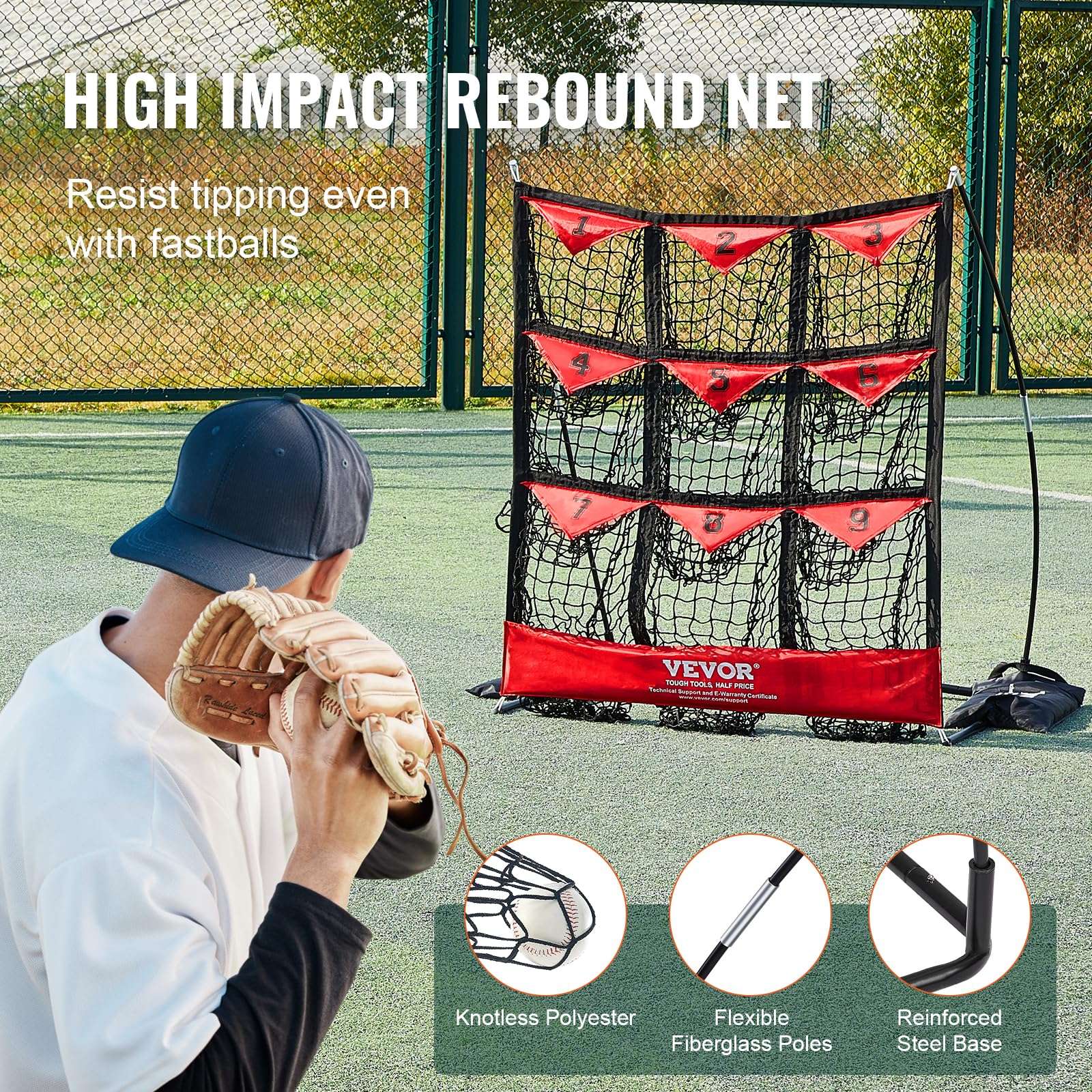 VEVOR Baseball Pitching Net 9 Hole, Softball Baseball Pitching Target Net, Portable Quick Assembly Trainer Aid with Strike Zone, Ground Stakes, for Youth Adults 3