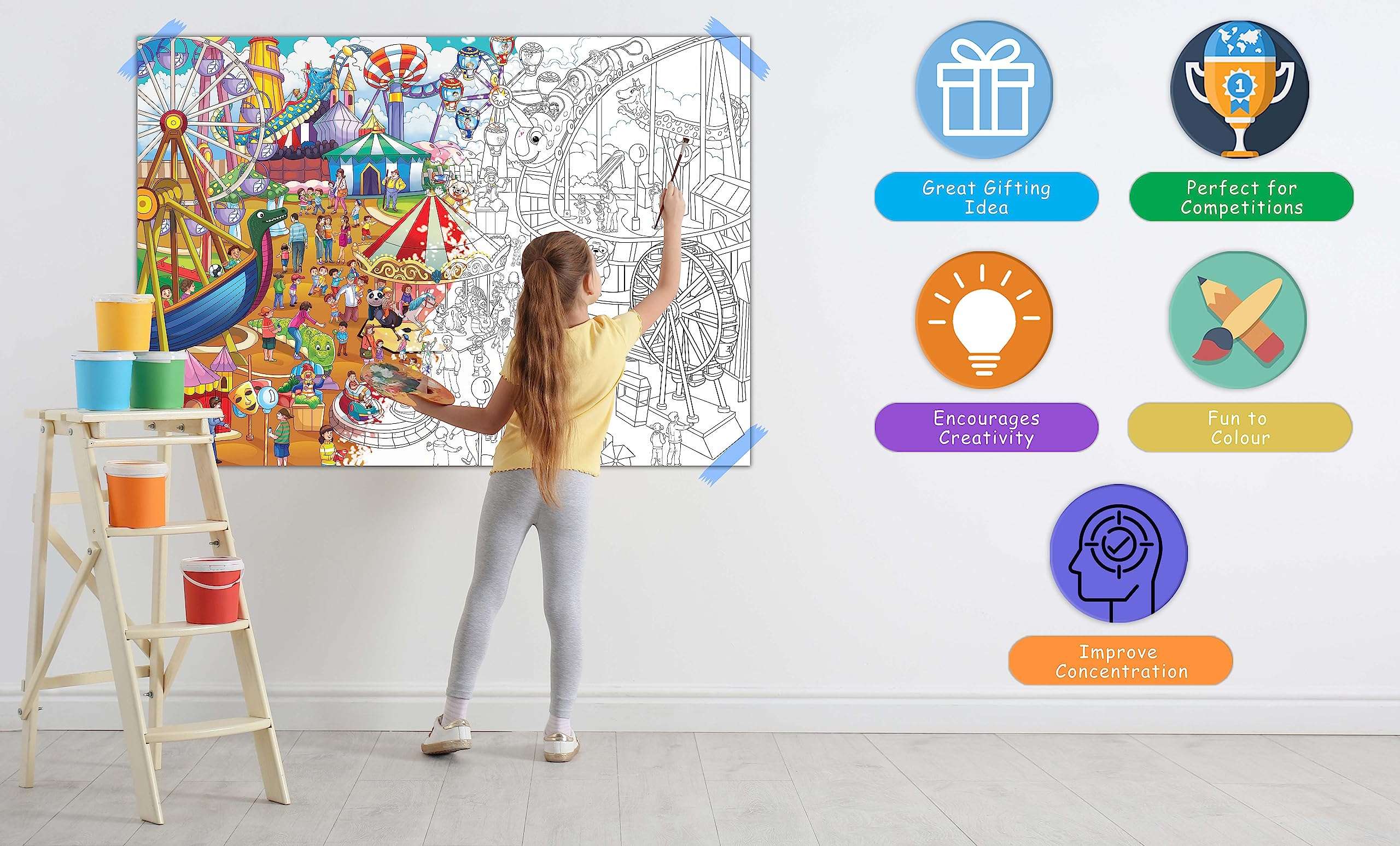 GIANT DINOSAUR COLOURING POSTER, GIANT AMUSEMENT PARK COLOURING POSTER, GIANT SPACE COLOURING POSTER and GIANT DRAGON COLOURING POSTER | Pack of 4 Posters I Large coloring posters for kids 6