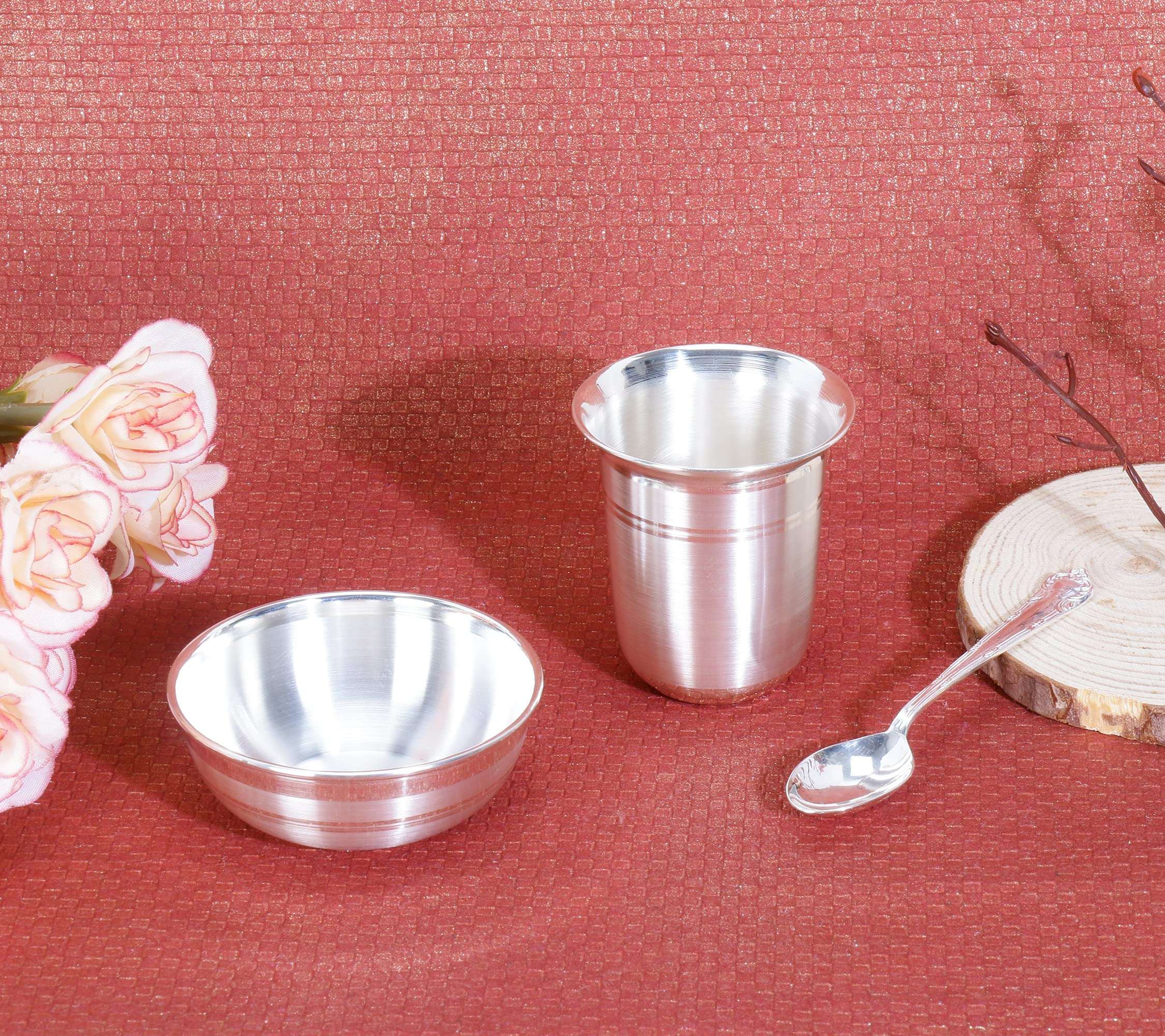 Osasbazaar Pure Silver Glass, Bowl and Spoon Set for Pooja, Dessert, Baby and Gifting - 90%-92.5% BIS Hallmarked 3