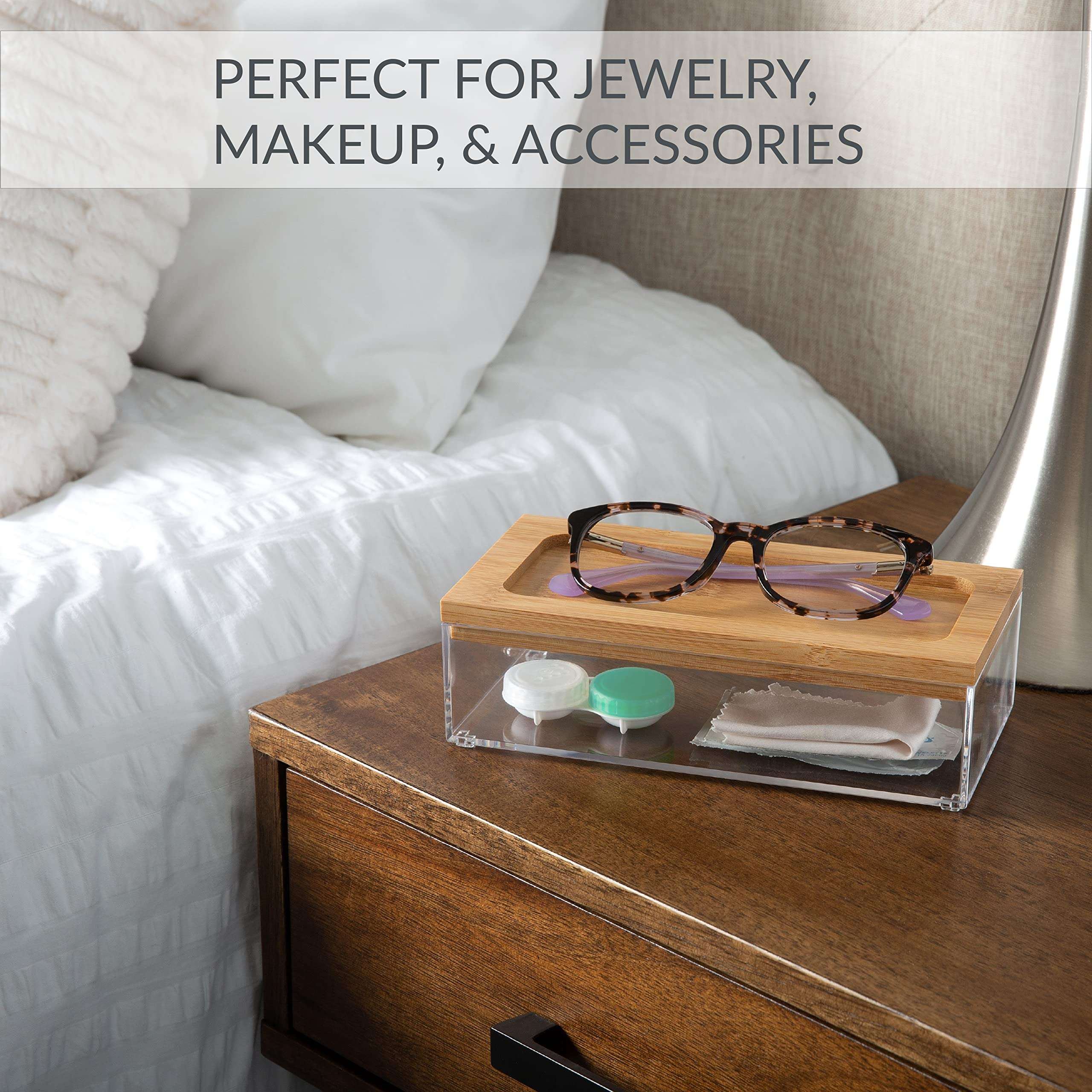 Simplify Medium Rectangular Bamboo Organizer | See-Through | Jewelry | Makeup | Cosmetics | Accessories | Bathroom & Bedroom | Vanity & Countertop | Lidded Boxes | Super Clear 4