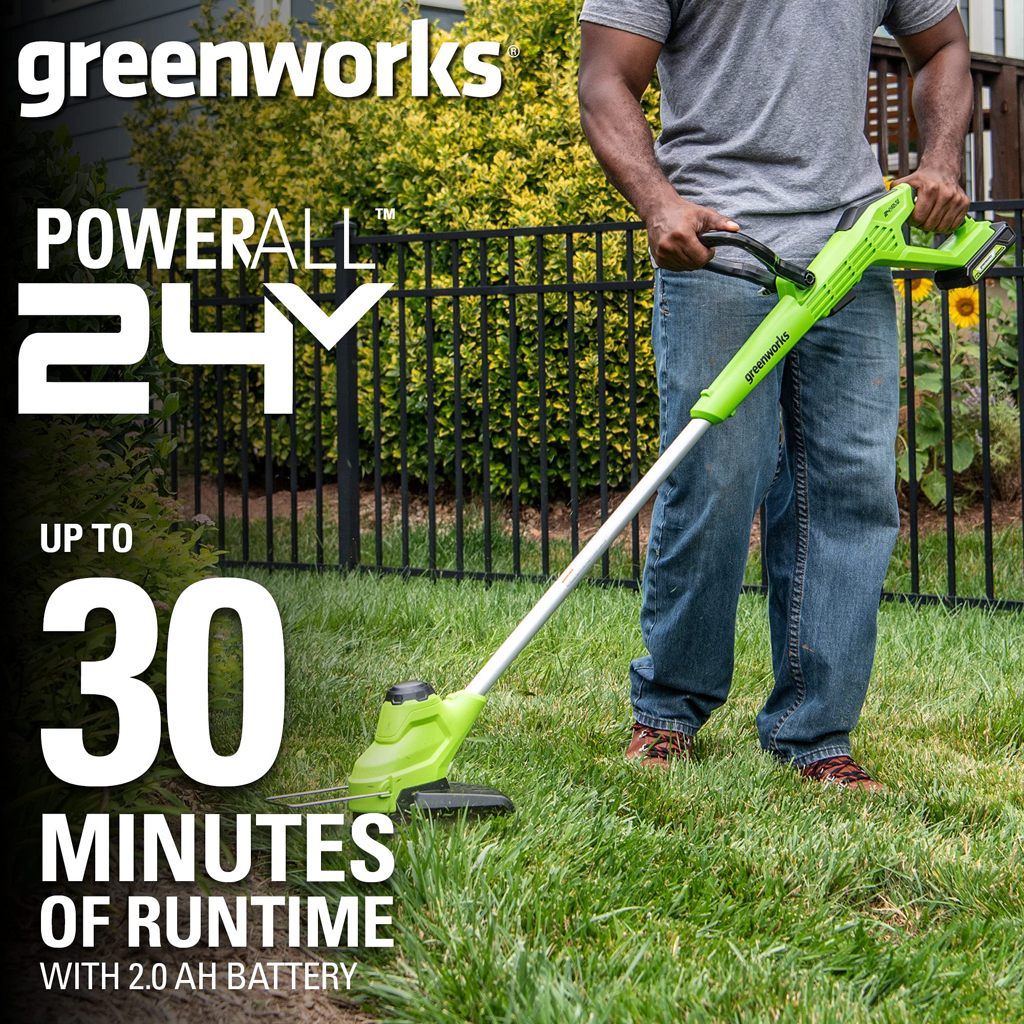Greenworks 24V 12” TORQDRIVE String Trimmer, 0.065" Trimmer Line, 2Ah USB Battery and Charger 5