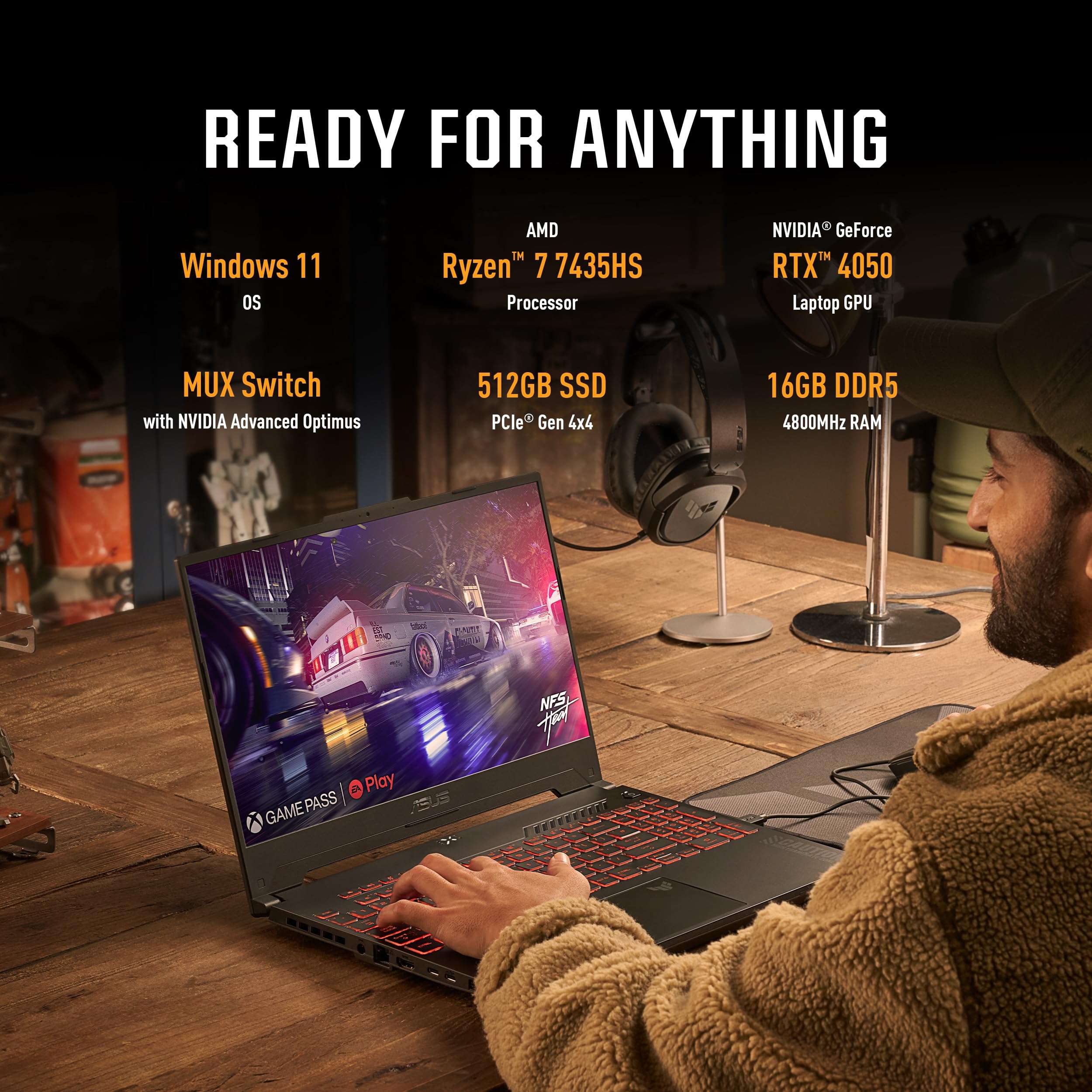 ASUS TUF Gaming A15 Gaming Laptop, 15.6” FHD 144Hz, 100% sRGB Display, GeForce RTX 4050, AMD Ryzen 7 7435HS, 16GB DDR5, 512GB PCIe SSD, Wi-Fi 6, Windows 11, FA507NUR-AS73 5