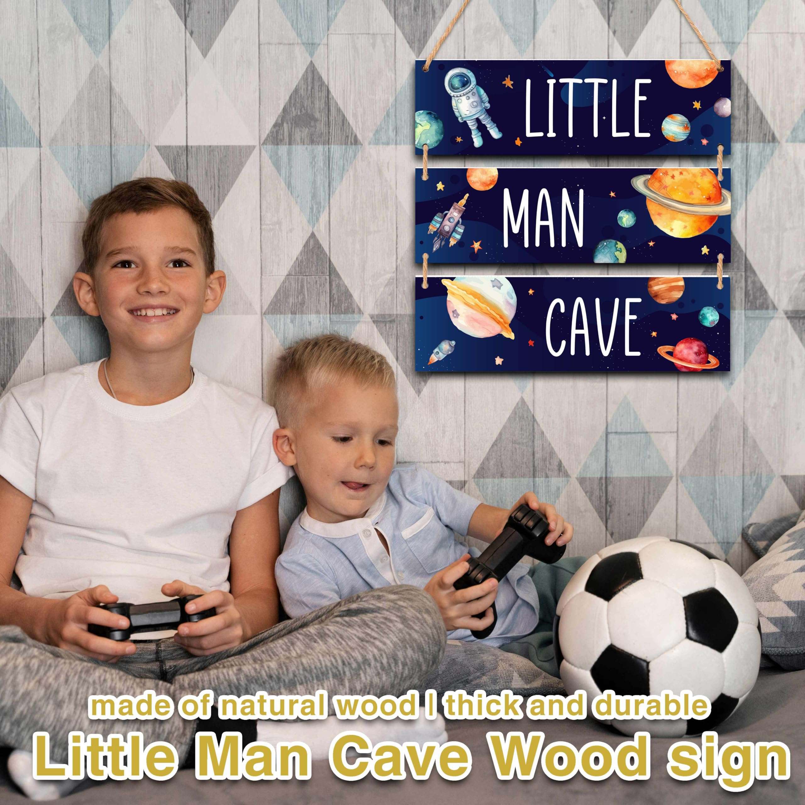 Little Man Cave, 3" x 10" Outer Space Wooden Door Sign for Bedroom Nursery Playroom Decor, Teen Boy Gifts for Son Game Lover, Gaming Wall Art - A07 4