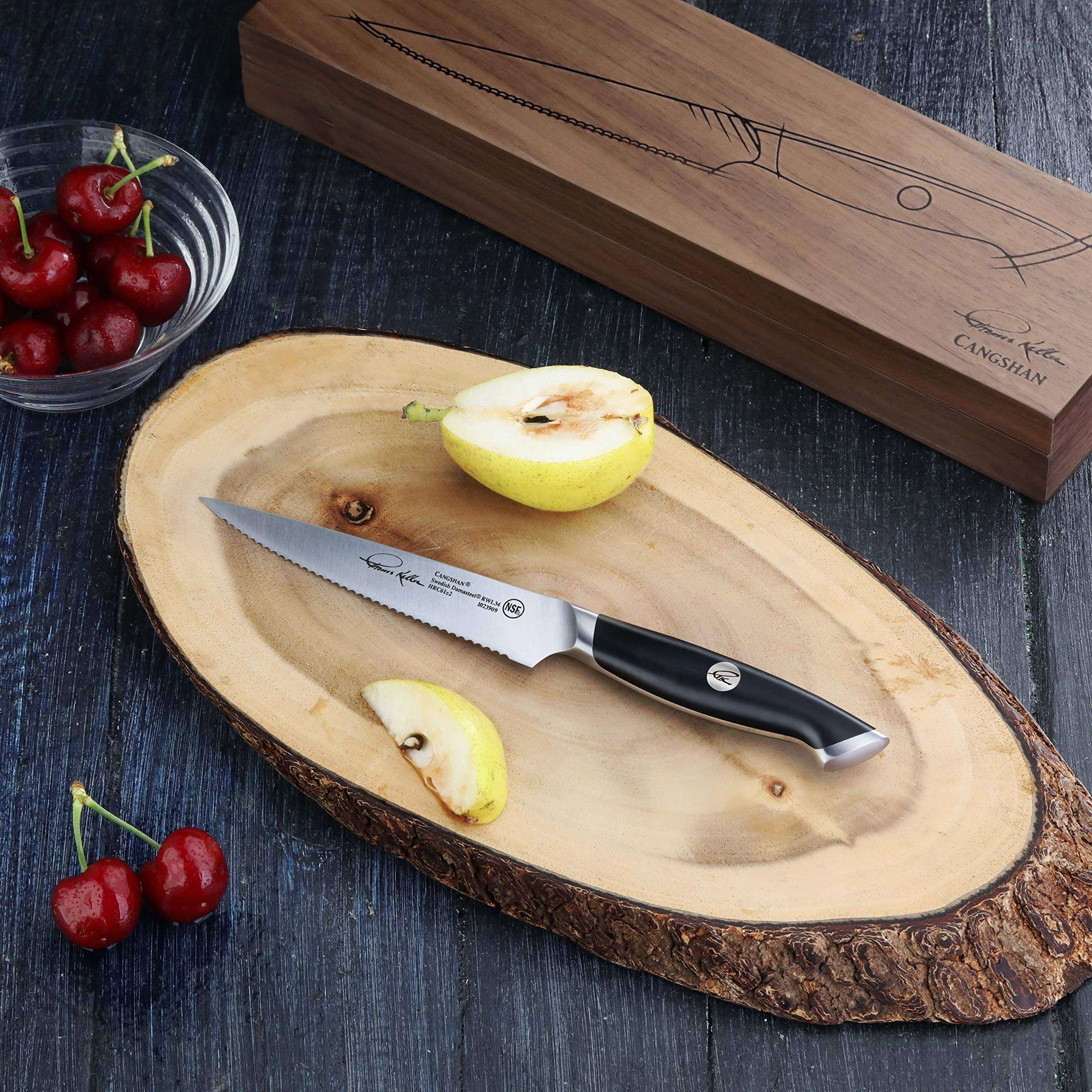 Cangshan Thomas Keller Signature Collection Swedish Powder Steel Forged, 5-Inch Serrated Utility Knife, Black 5