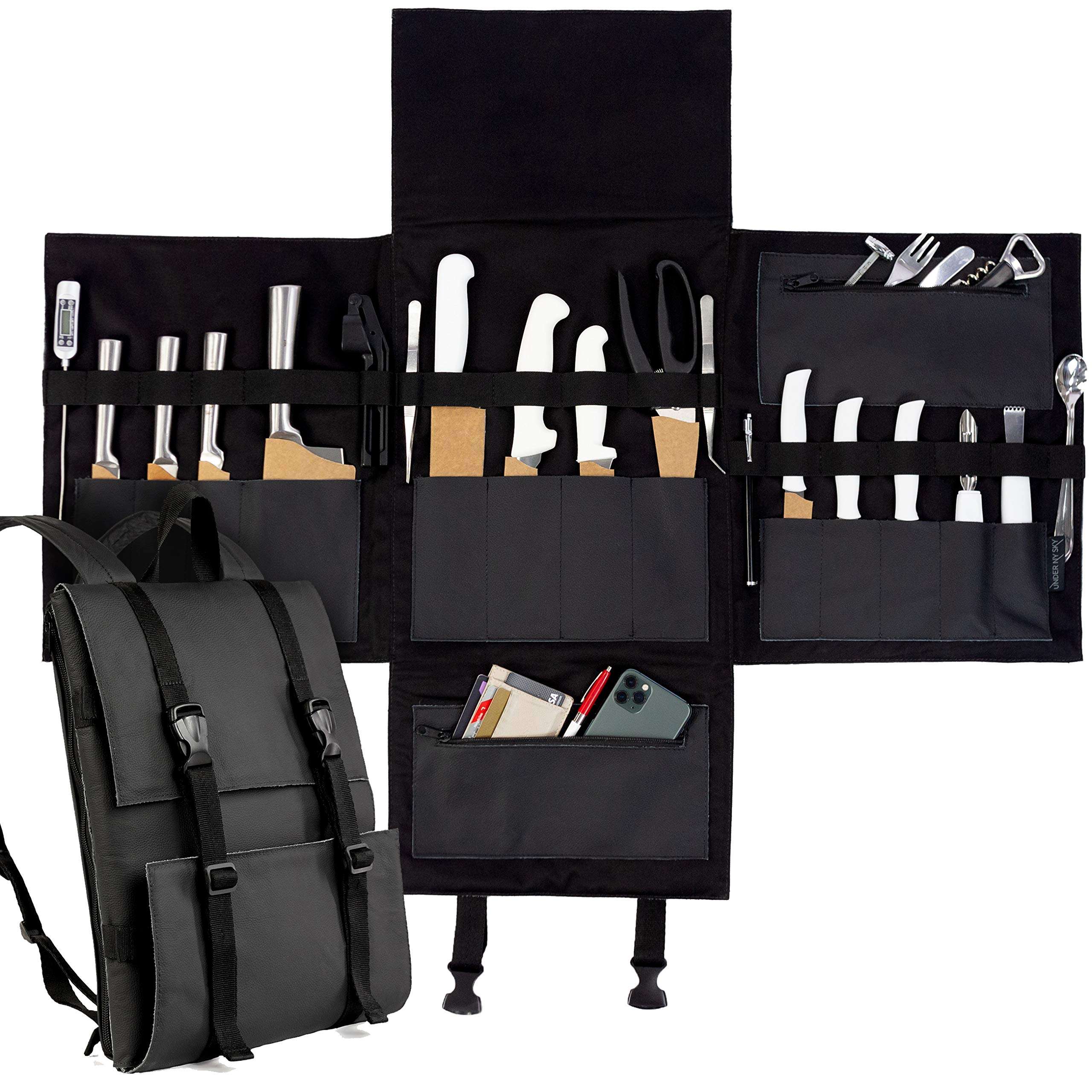 Under NY Sky Genuine Leather Knife Bag - Leather Knife Case - 13 Slots, 2 Zipped Pockets for Kitchen Utensils, Cutlery Knives - Tablets & Notebooks Pocket - Tool Storage Bag Style for Chefs - Black 1