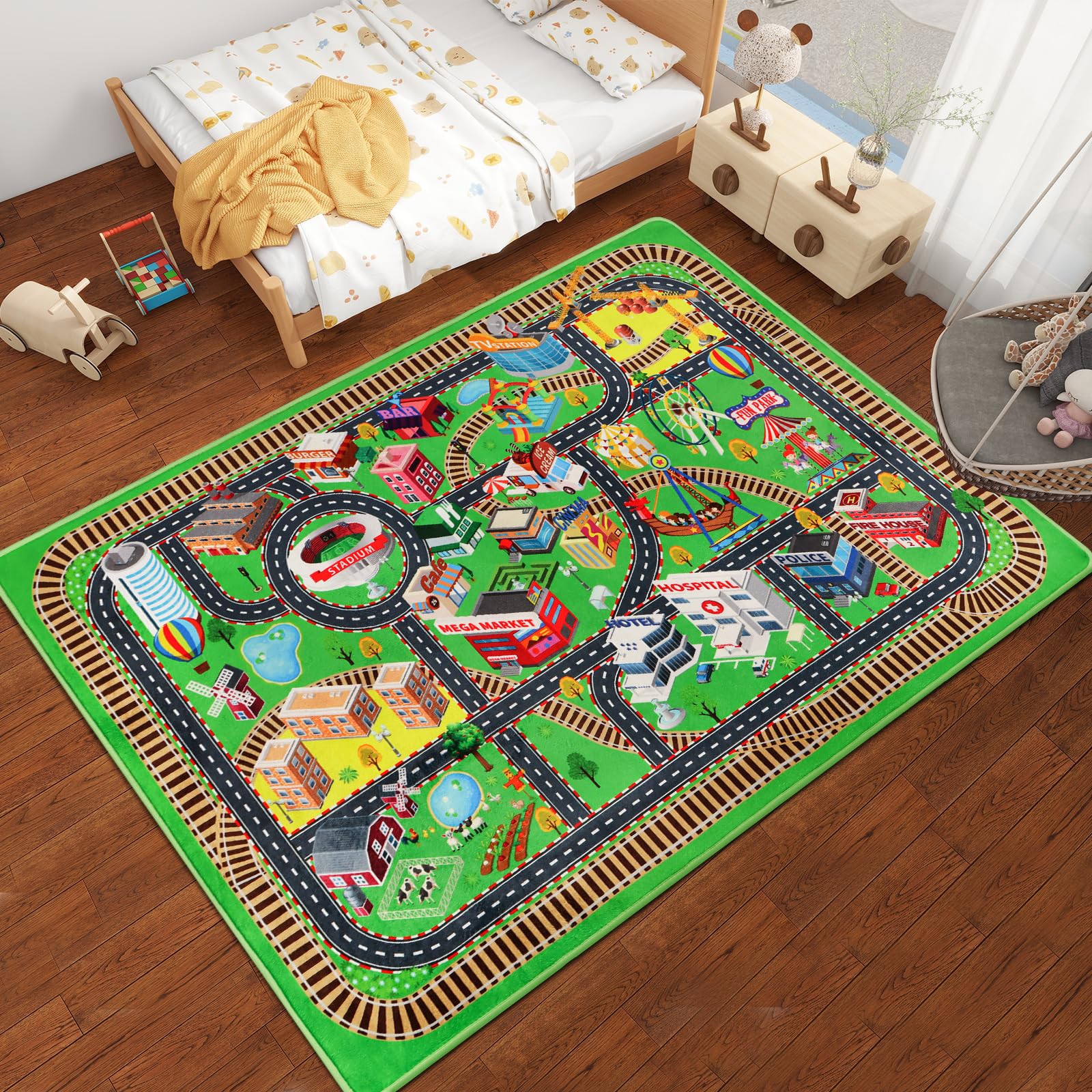 Mfmiudole Kids Rug Play Mat for Toy Cars, City Life 3D Road Traffic 39.4"×59" for Playroom Kid Car Road Rug City Map Play Mat Non-Slip Washable Classroom Carpet for Toddlers BoyTummy Time Playtime 2