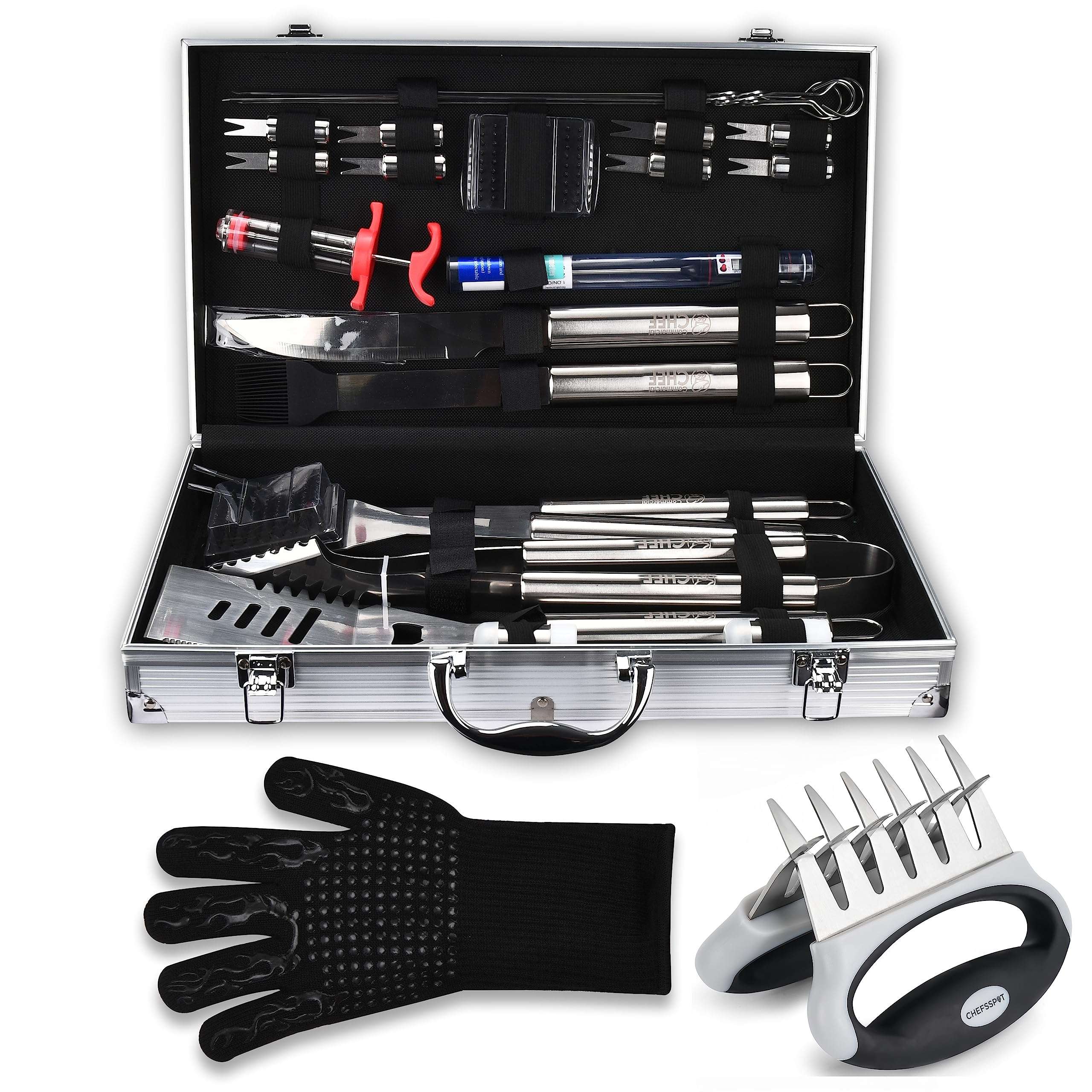 Commercial Chef 25 Piece Barbeque Grill Accessories + CHEFSSPOT Meat Shredder Claws with Ultra-Sharp Blades 1