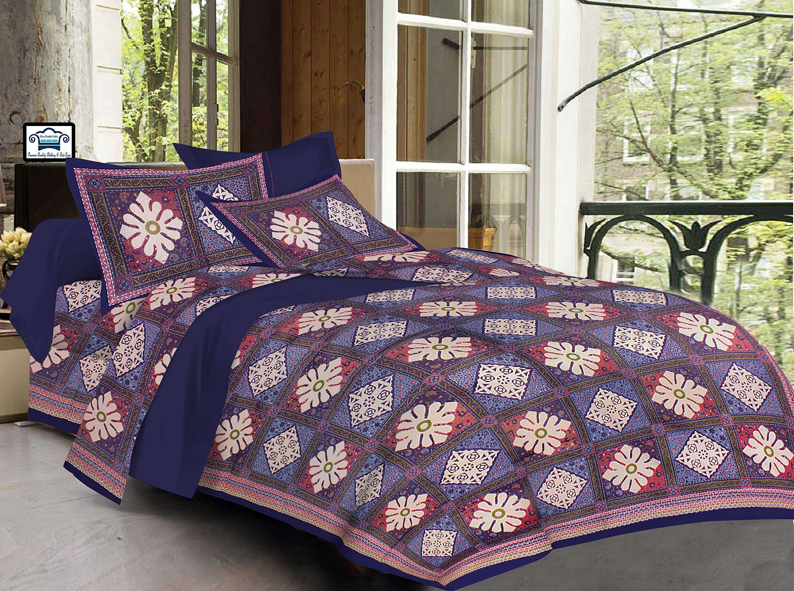 PURE COMFORT 100% Cotton Jaipuri Printed King Size Double Bedsheet with 2 Pillow Covers, Blue (PCI29414) 3
