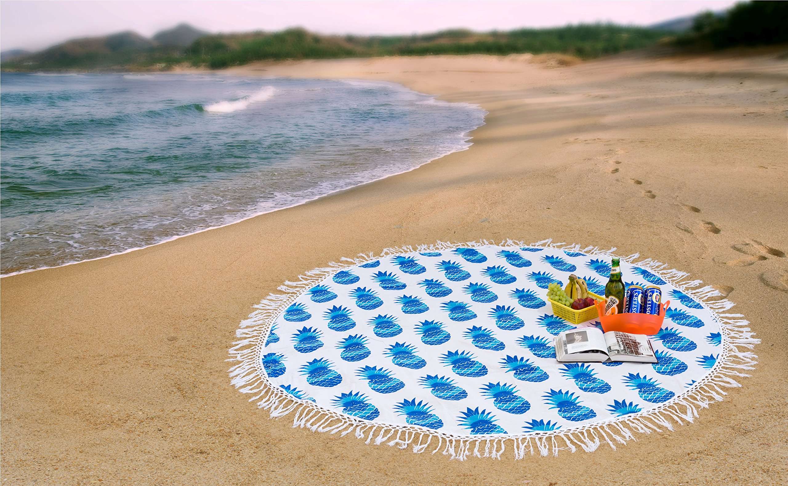 Handicraft-Palace Blue Pineapple Printed Picnic Mat Round Tapestry Round Beach Throw Roundie 72" Round Wall Hanging 1