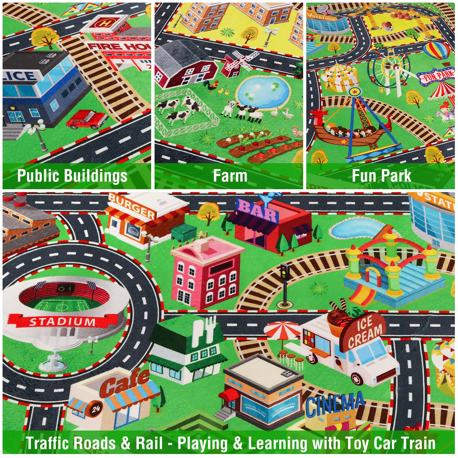 Mfmiudole Kids Rug Play Mat for Toy Cars, City Life 3D Road Traffic 39.4"×59" for Playroom Kid Car Road Rug City Map Play Mat Non-Slip Washable Classroom Carpet for Toddlers BoyTummy Time Playtime 3
