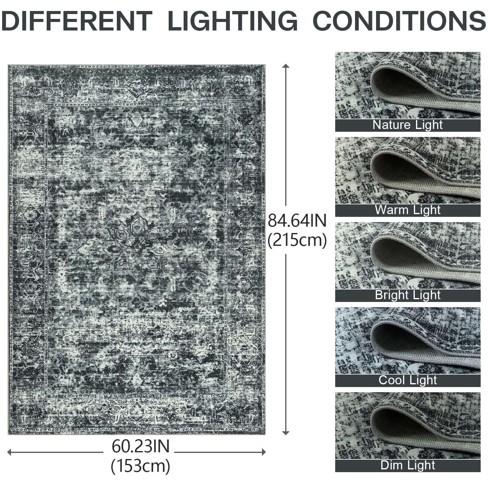 Unirea 5x7 Area Rugs for Living Room Bedroom, Washable Black Non Slip Low Pile Vintage Area Rug, Large Boho Abstract Soft Carpet, Indoor Rugs for Dining Room Study Office Kids Room 5