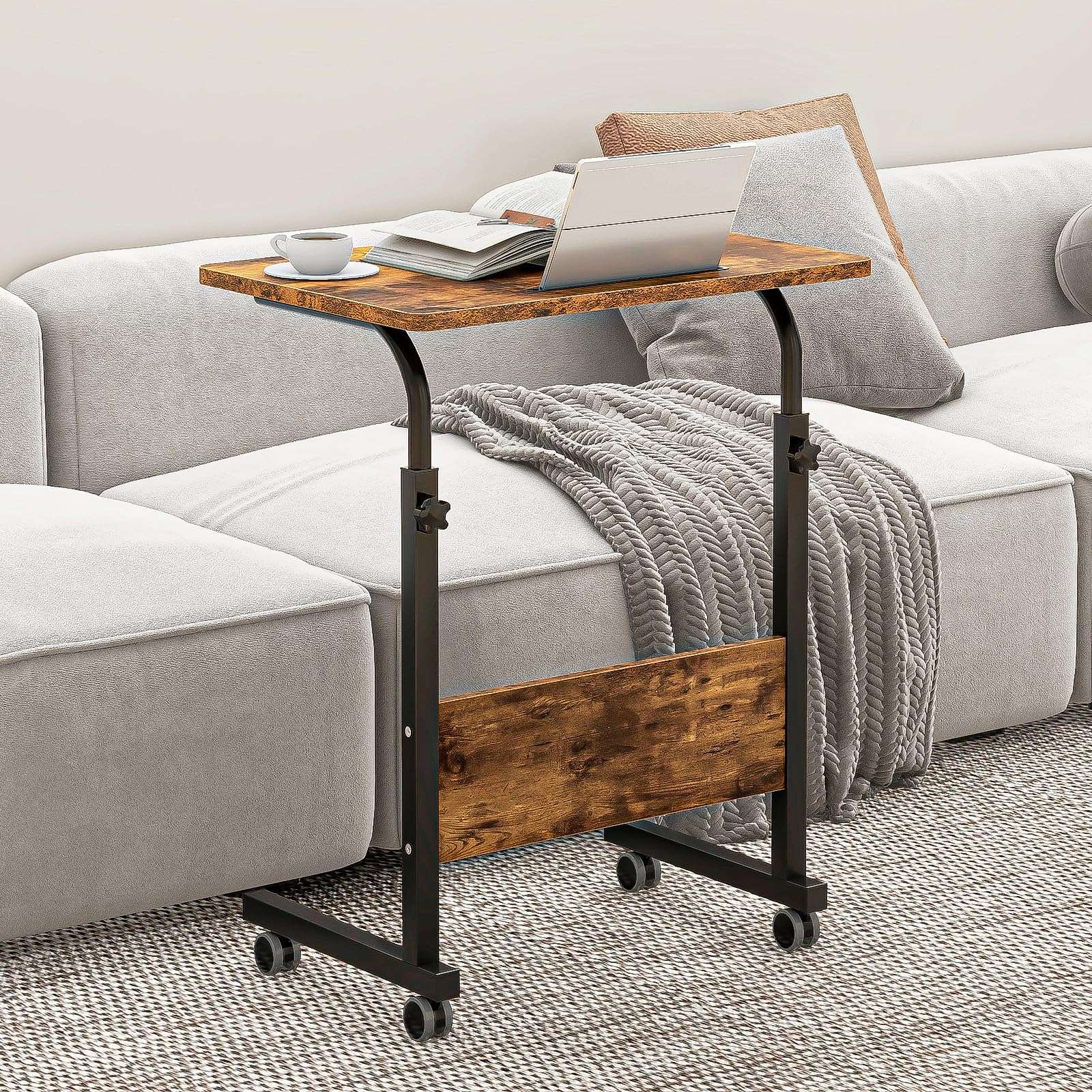 sogesfurniture Rolling Laptop Desk Cart Height Adjustable, 23.6 inch Adjustable Mobile Bed Table Portable Laptop Computer Stand Desks with Tablet Slot Cart Tray, Rustic Brown 4