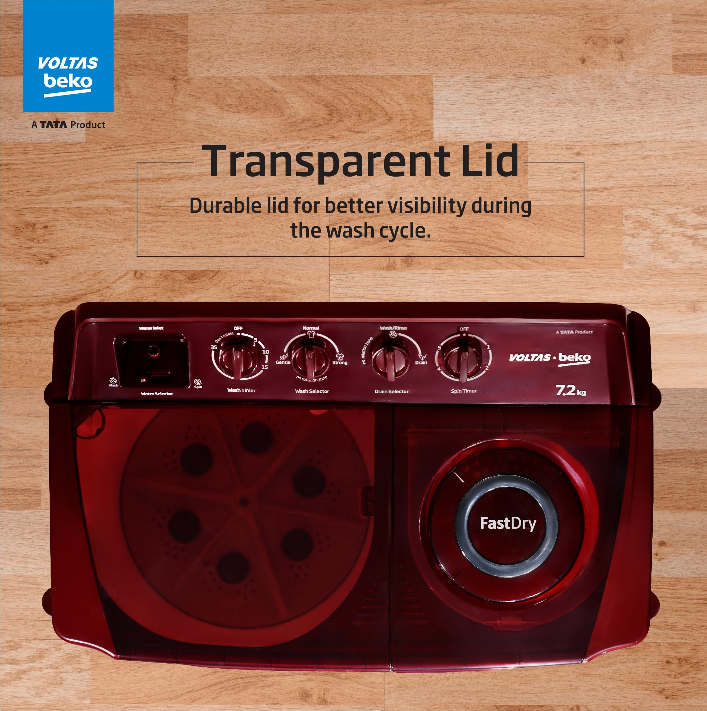 Voltas beko, A Tata Product 7.2 Kg Semi-Automatic Top Load Washing Machine, (WTT72, Burgundy, 2023 Model, Fast Dry) 6