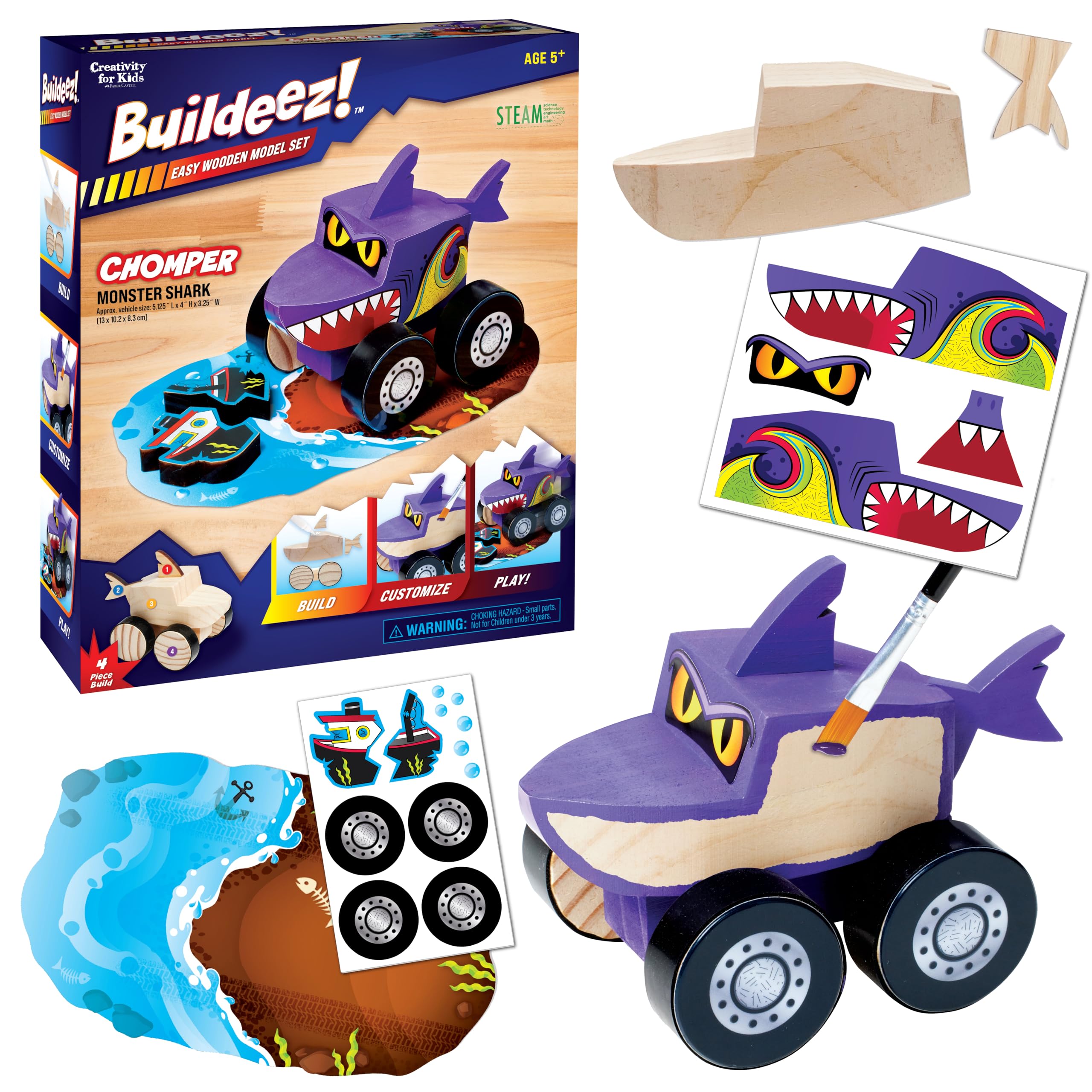 Creativity for Kids Buildeez! Easy Wooden Model Set: Monster Shark Truck, Chomper - Arts and Crafts for Kids, STEM Kids Building Kit, Monster Truck Toys for Boys Ages 5-8+