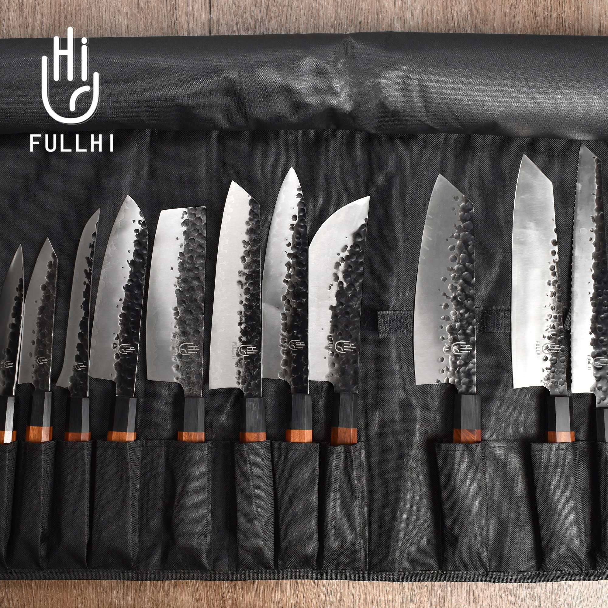 FULLHI 18pcs Gyuto Chef Knife set & Magnetic Knife Block Holder, 3 Layers 9CR18MOV High Carbon Meat Sushi Knife Rosewood Handle with knife bag 6