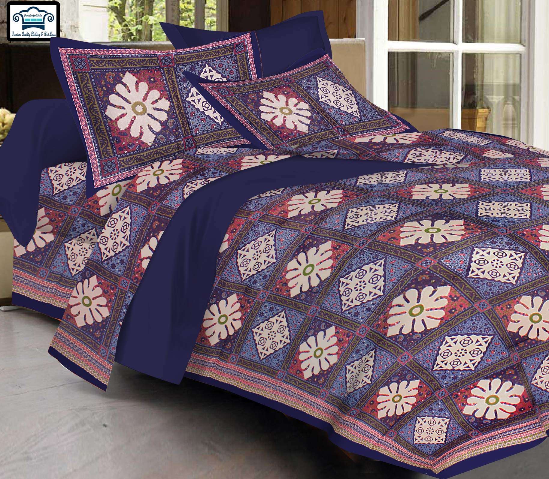 PURE COMFORT 100% Cotton Jaipuri Printed King Size Double Bedsheet with 2 Pillow Covers, Blue (PCI29414) 1