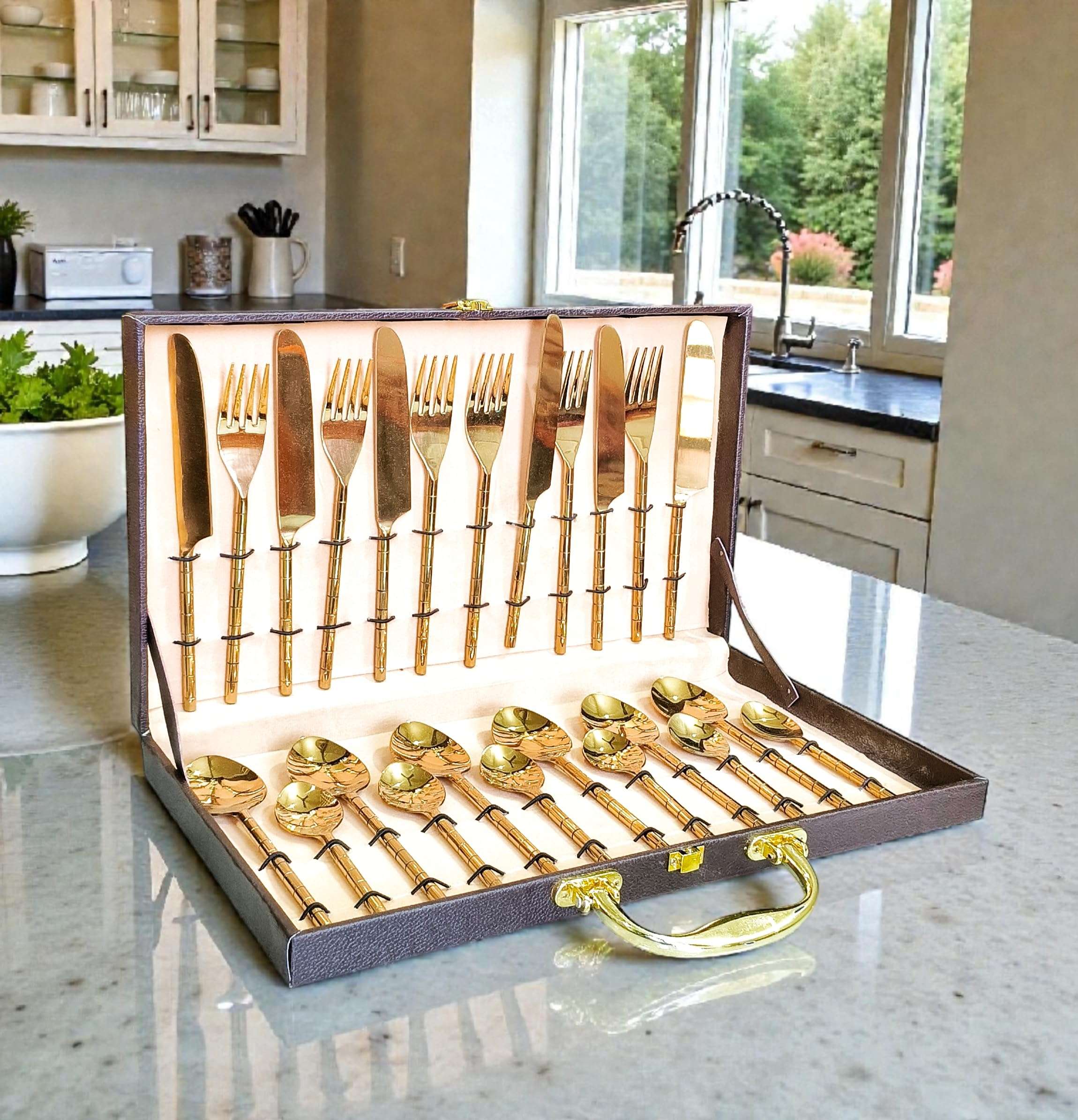 PITAL NAGRI ECRAFT Pure Brass Royal Cutlery Set with Velvet Box Gold Finish Set of 24 Flatware for Dining Table Dinnerware Serve Ware [Dinner Fork-Tea Spoon-Salad Spoon-Knife] 1