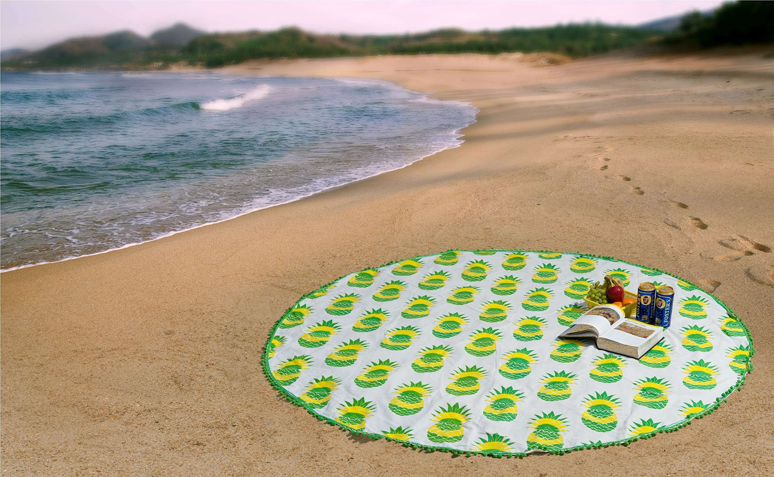 Handicraft-Palace Green Pineapple Printed Roundie Beach Picnic Mat Round Wall Hanging Tapestry Beach Throw Round 72" 1
