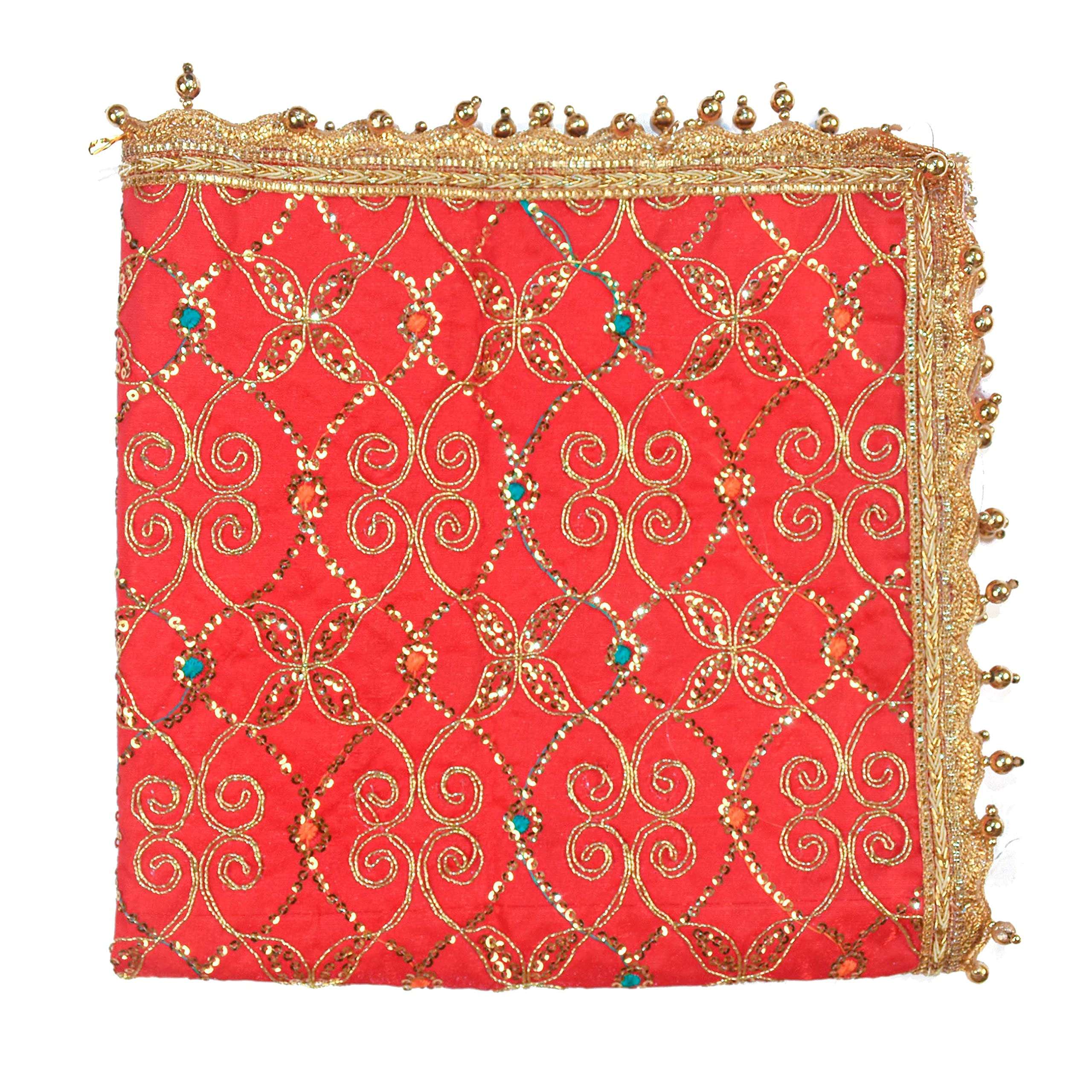 DLC 24 x 24 inch Large Multipurpose Altar Cloth, Red Puja Cloth for decoration, Golden moti drop Silk mat for home temple, Ornamental Pooja aasan with heavy work 4