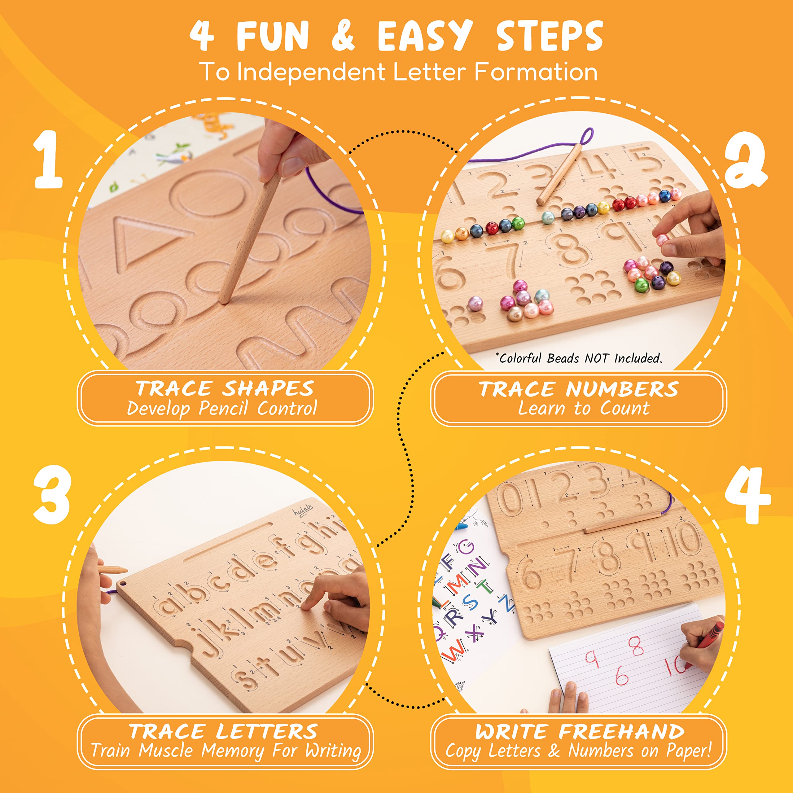 Hulats Learn to Write - Number & Letter Tracing Boards with Direction Arrows - Wooden Alphabet Learning Montessori Toys 4+ Year Old Toddler Writing Tools Beginner Preschool Classroom Must Haves 4