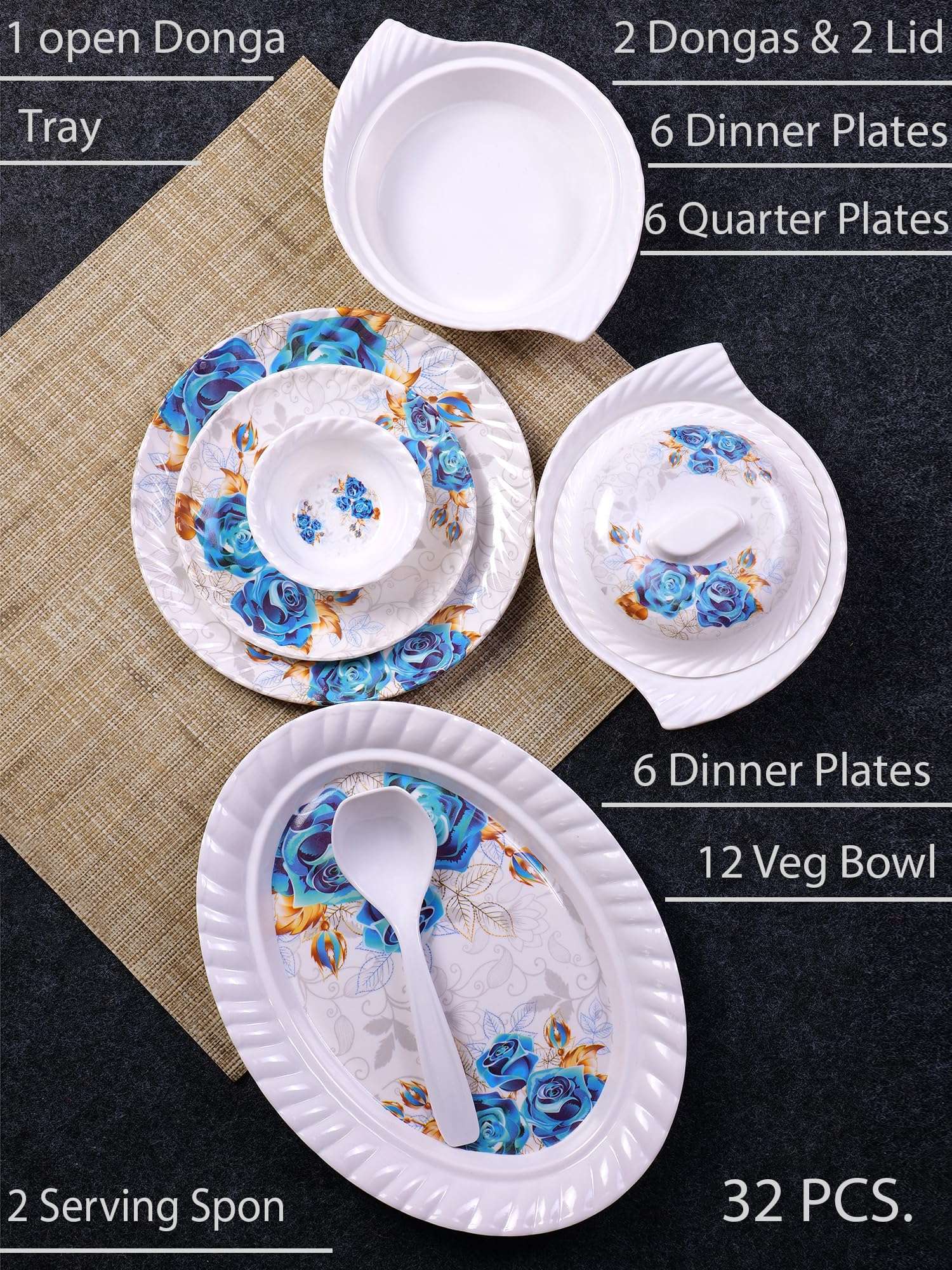 Home-Pro - 32 Pieces Melamine Dinner Set Royal Lehar, Stain Resistant, Beautiful Blue Flower Design Crockery Dinnerware in Exclusive Square Shape Set for Your Home Kitchen and Gifting 3