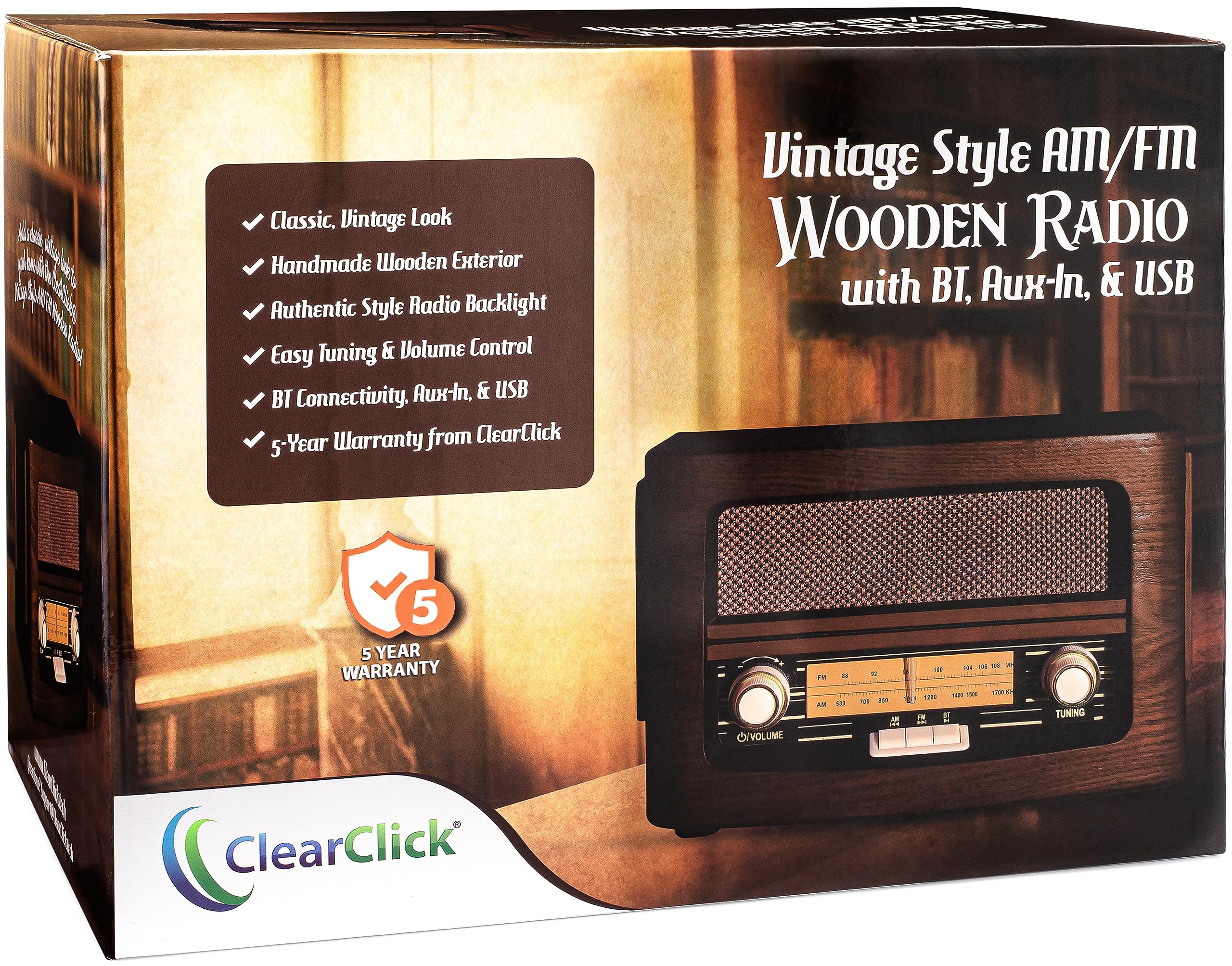 ClearClick Classic Vintage Retro Style AM/FM Radio with Bluetooth, Aux-in, & USB - Handmade Wooden Exterior Dark Brown 6
