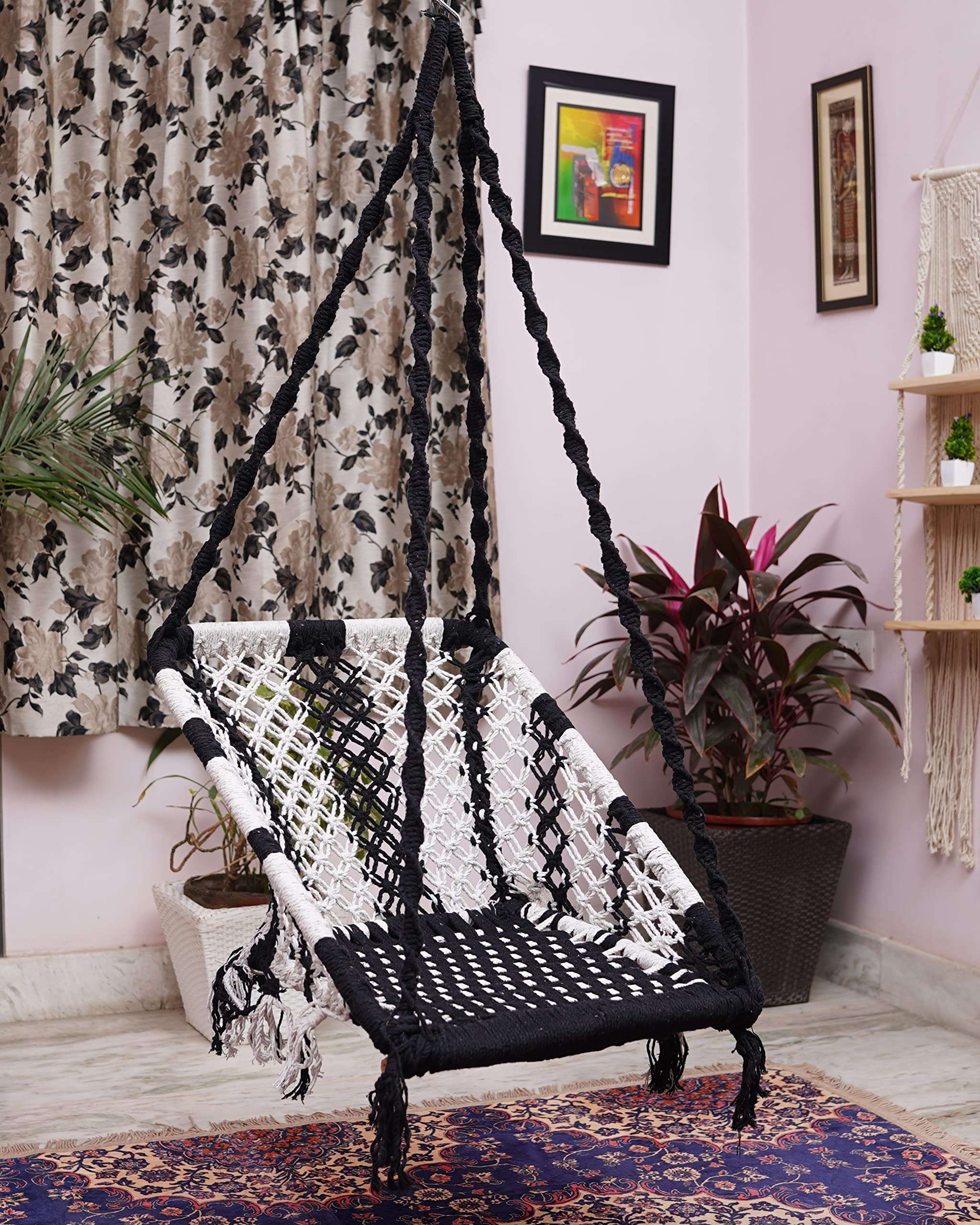 Swing for Adults/Jhula for Adults/Swing for Living Room, Swing for Balcony/Swing Chair/Swing for Adults for Home/Cotton Large Rectangle Hanging Swing with Hanging Kit (Black-White) by Patiofy 5