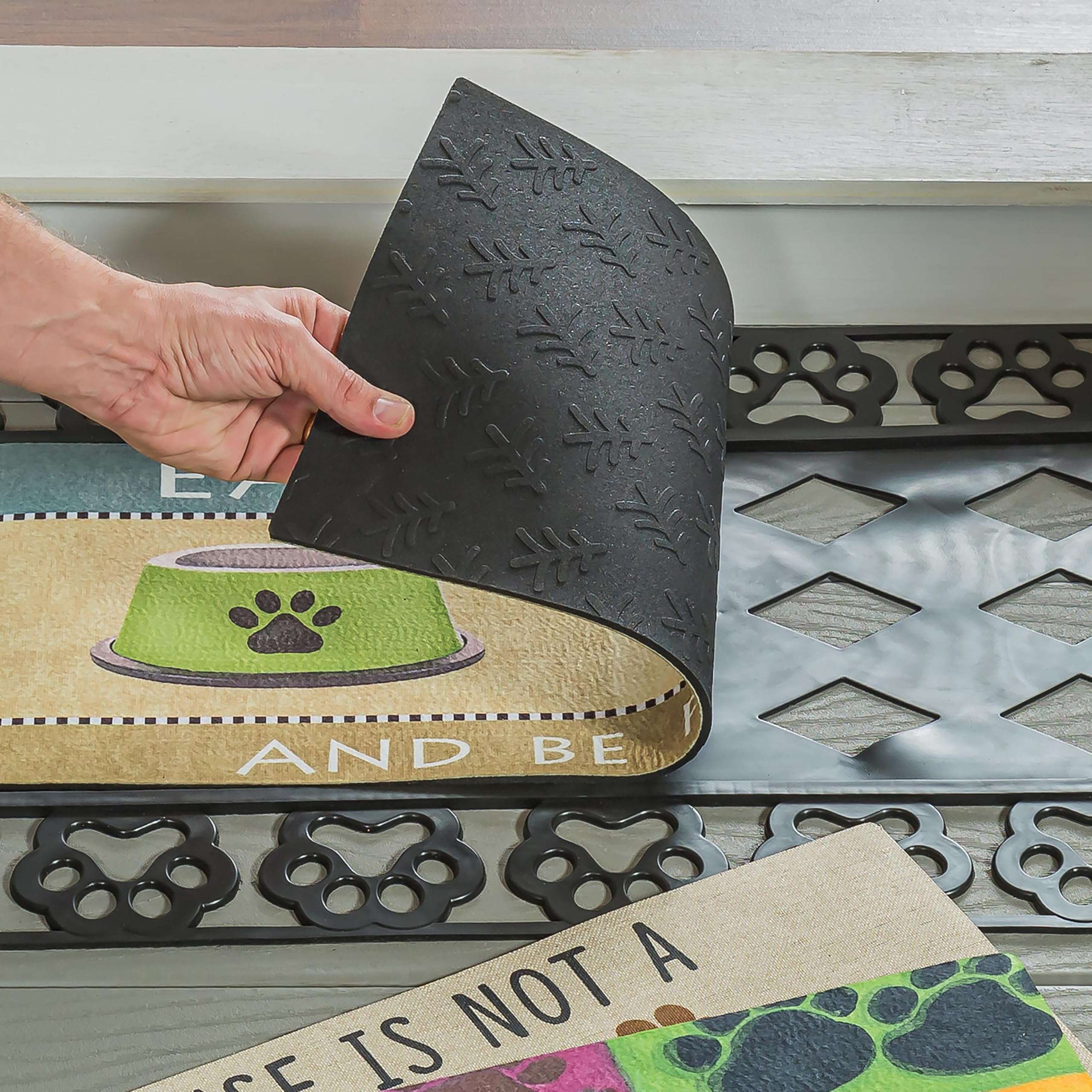 Evergreen Sassafras Dog Doormat Insert Bundle & Tray Set of 4, Paw Print Interchangeable Entrance Door mats Indoor and Outdoor Welcome Mat 30 x 18 Tray Non Slip Backing Low Profile 5