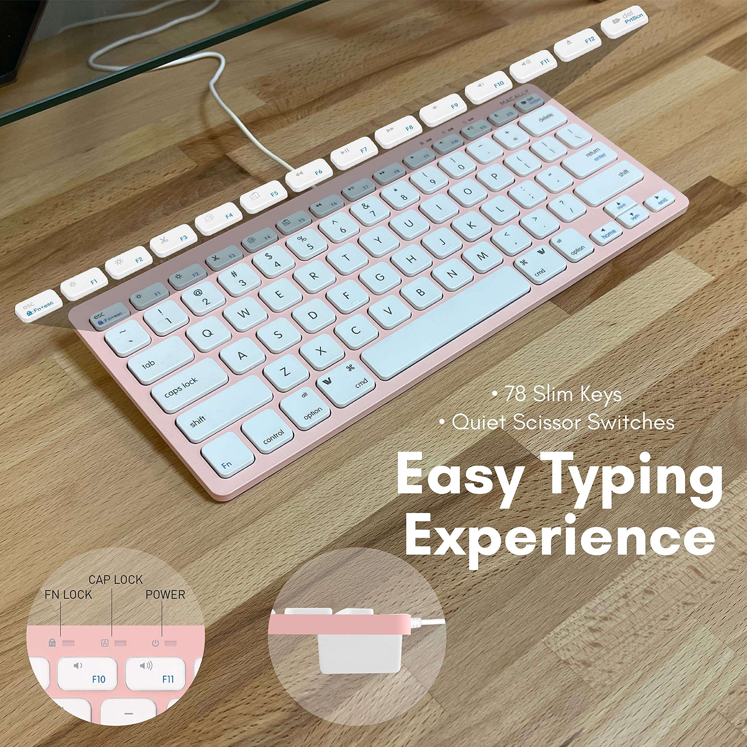 Pink Keyboard and Mouse Combo, Macally Small USB Wired Keyboard and Mouse for Mac and PC Desktop - Improve Aesthetics and Save Space - Mac Keyboard and Mouse Combo with 78 Keys and Silent Buttons 5