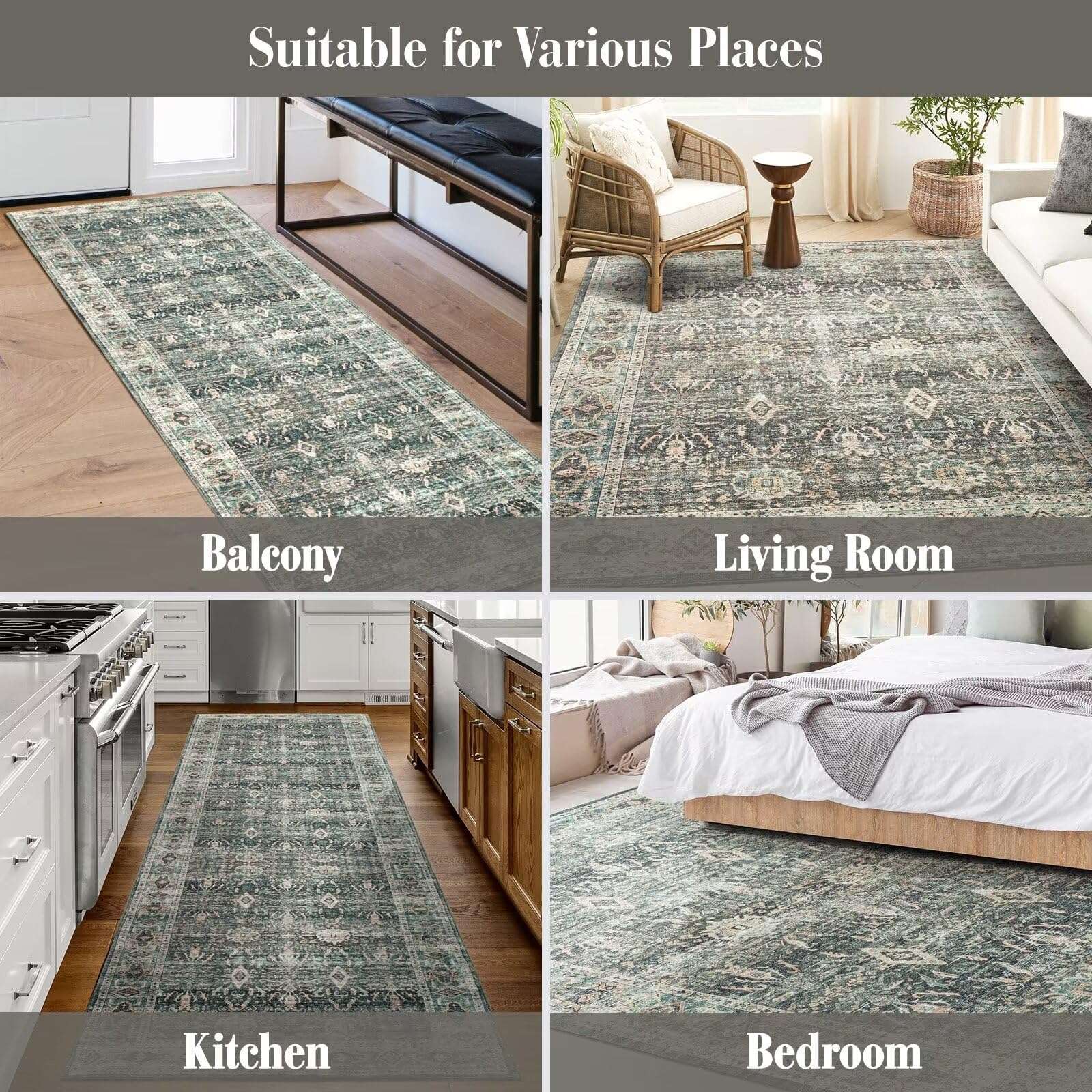 nusoarug 4x6 Boho Area Rug Machine Washable, 4' x 6' Green Soft Non-Slip Area Rugs with Rubber Backing for Bedroom Kitchen Entryway Living Room Bathroom, Faded Green 6