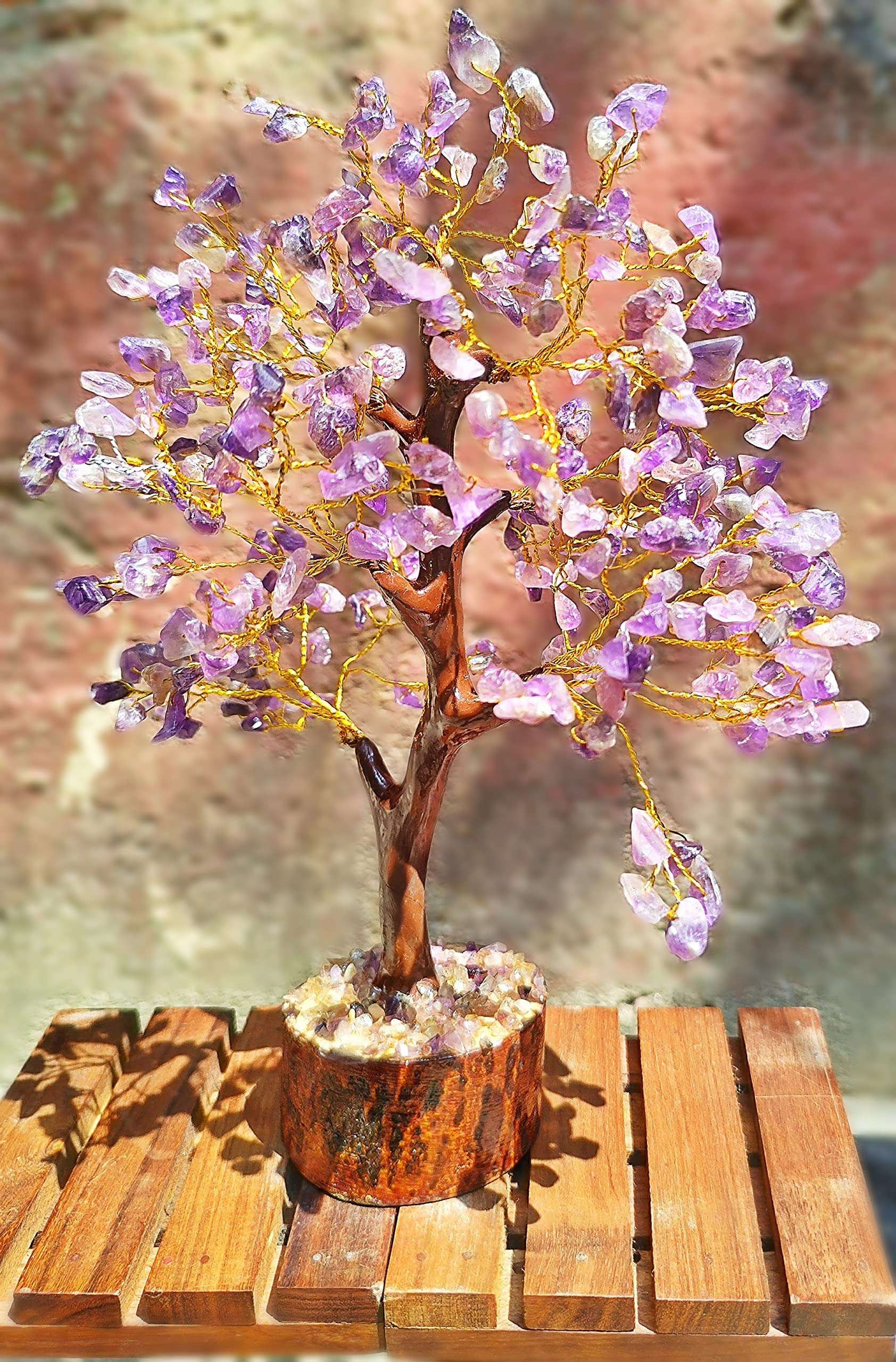 MUREN ® Amethyst Healing Crystals Tree Aura Cleansing, Reiki Gemstones 300 Beads Wooden Base Handcrafted vastu Good Luck Money Tree of Life/Bonsai Feng Shui Spiritual Figurine Gift/Home Decor/Office 1