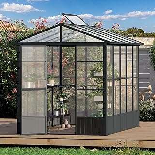 SHPAI 6.5X8 FT Greenhouses for Outdoors,Polycarbonate Green House for Outside, Automatic On/Off Vent System, Walk in Greenhouses Built-in Shelf & 5 Moveable Hooks, Green Houses for Potting, Flower 1