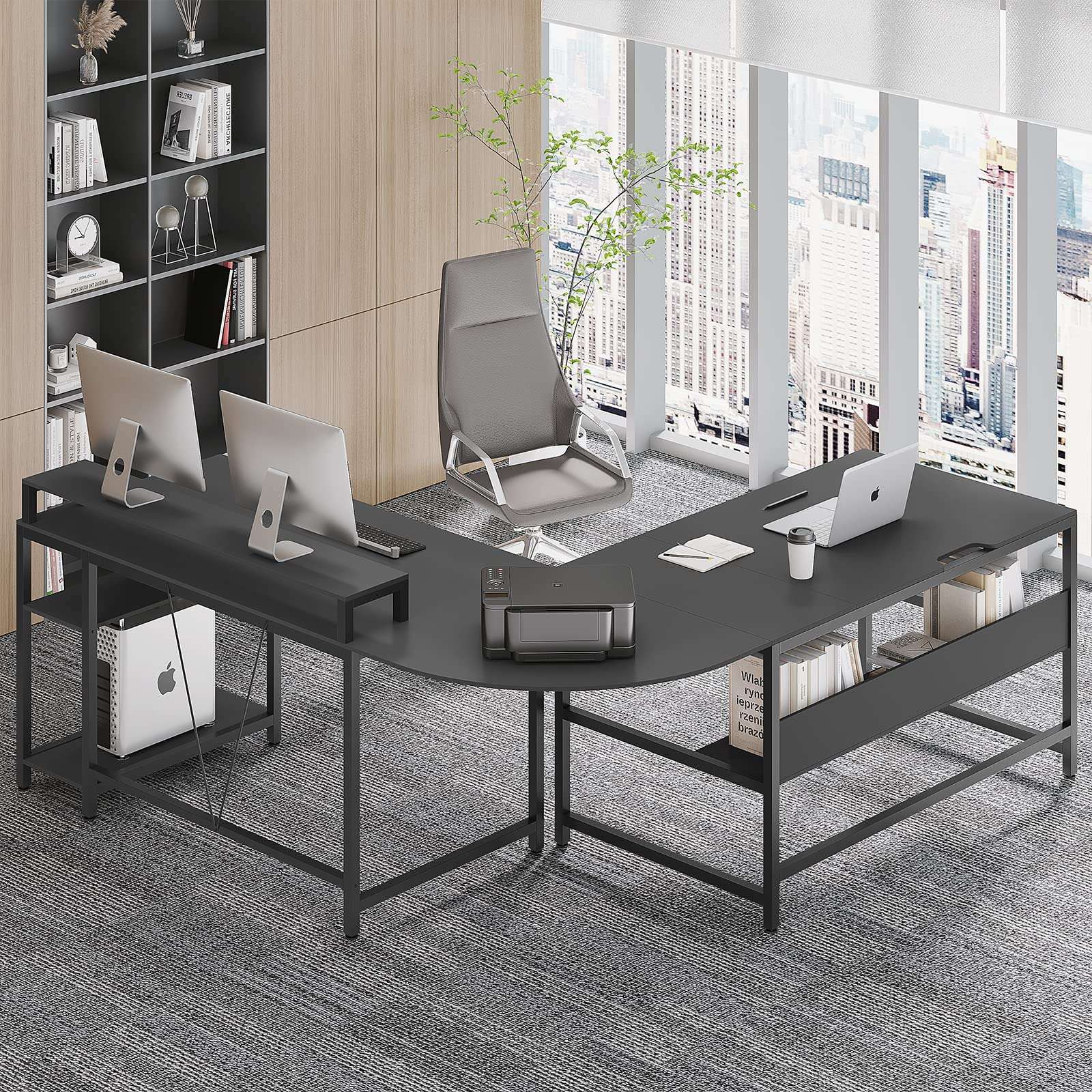 SEDETA L Shaped Computer Desk with Hutch, Drafting Drawing Table for Artists, 68.9 inches Corner Computer Desk for Home Office, Workstation Table with Monitor Stand Riser and Tiltable Desktop, Black 2