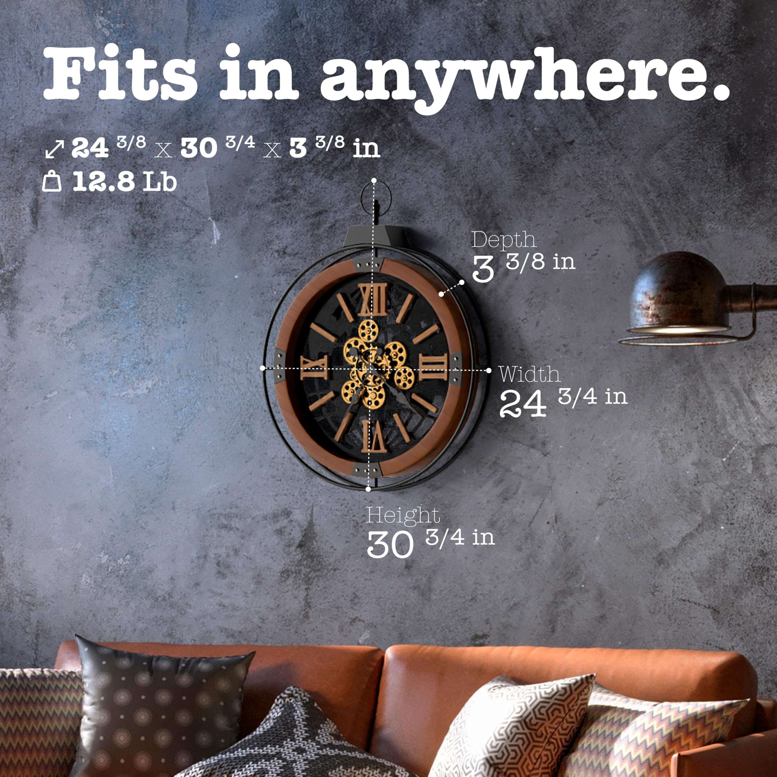 Driini Large Rustic Farmhouse Gear Clock with Moving Gears (Walnut). 24'' and 30'' Bundle 4