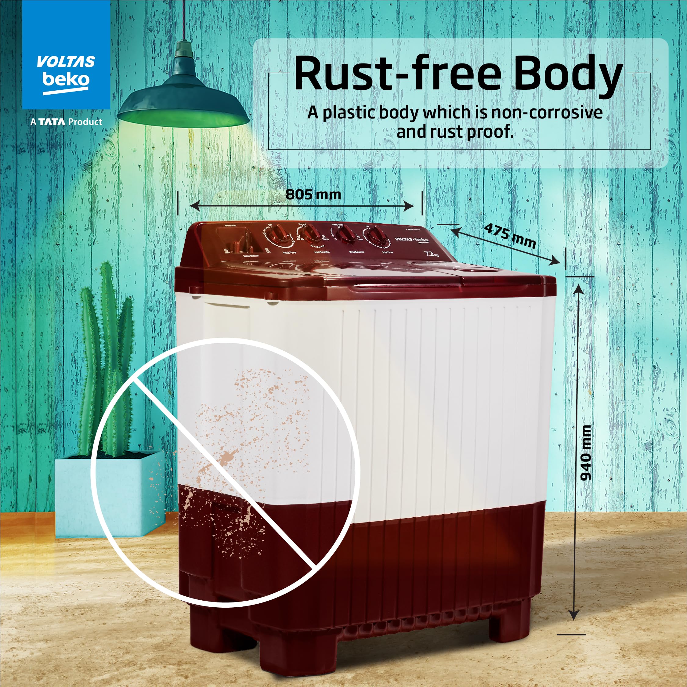 Voltas beko, A Tata Product 7.2 Kg Semi-Automatic Top Load Washing Machine, (WTT72, Burgundy, 2023 Model, Fast Dry) 4