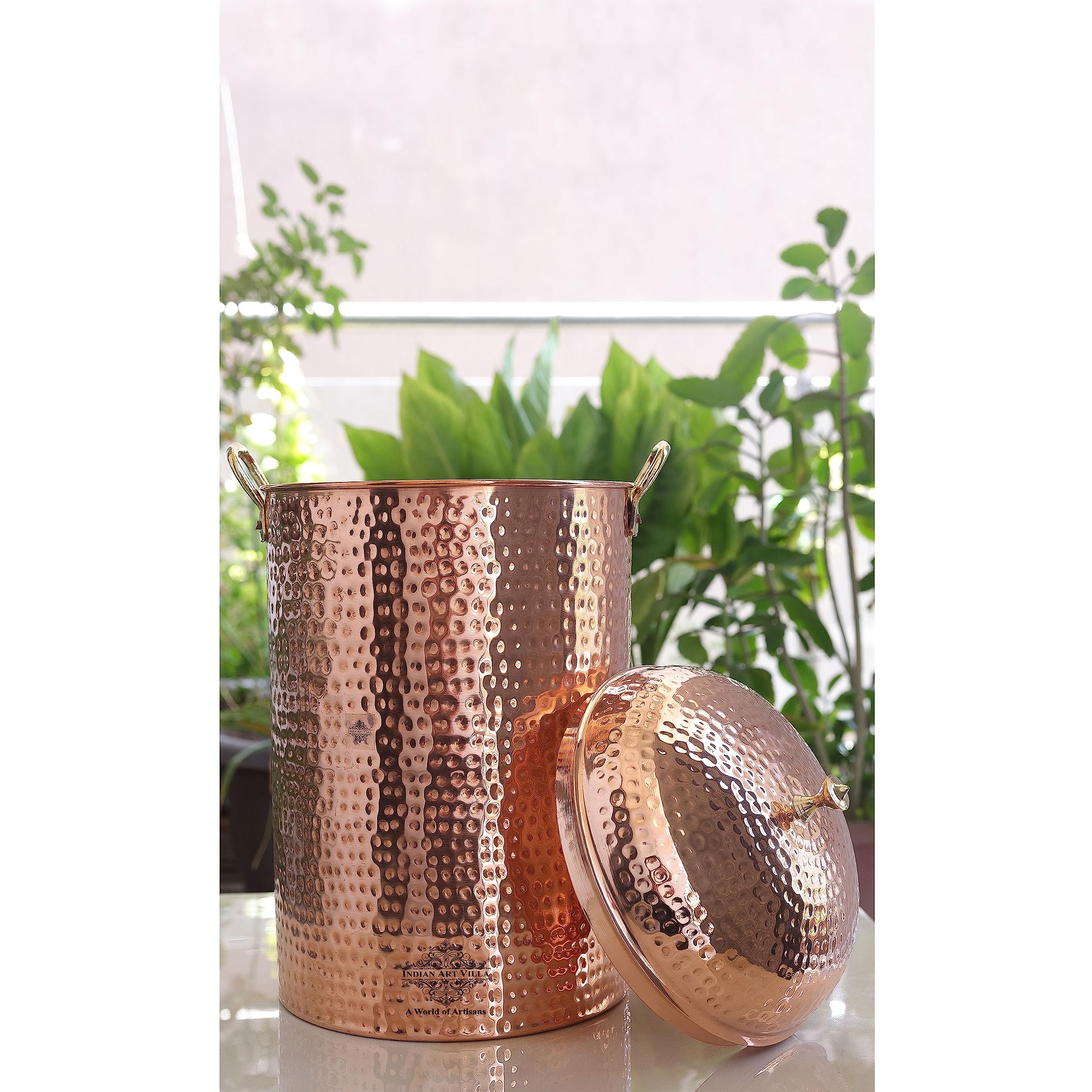 Indian Art Villa Copper Hammered 12000 ML Flat Storage Pot - Serving & Storage - Home, Hotel, Restaurant, Gift Item, Decorative 4