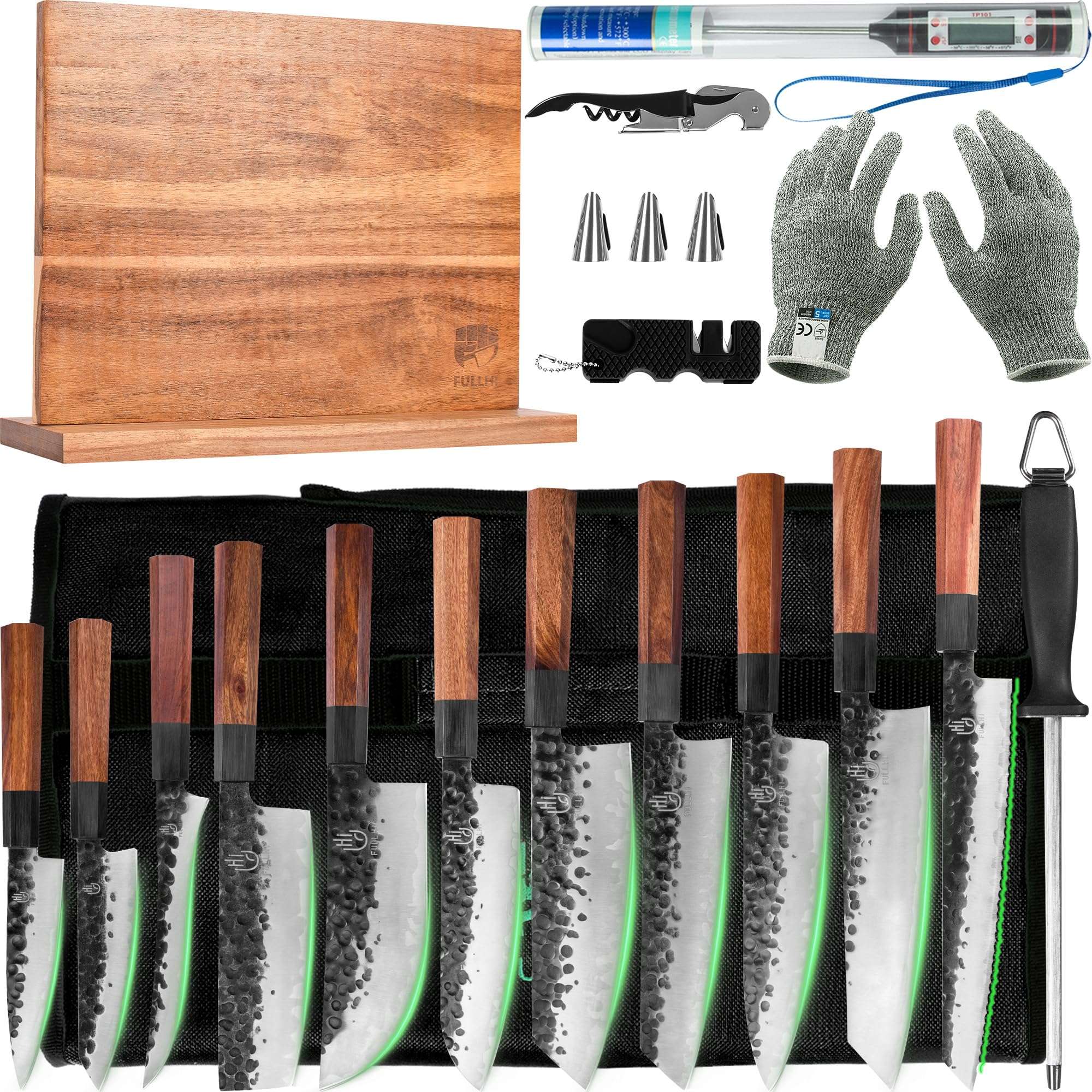 FULLHI 18pcs Gyuto Chef Knife set & Magnetic Knife Block Holder, 3 Layers 9CR18MOV High Carbon Meat Sushi Knife Rosewood Handle with knife bag 1