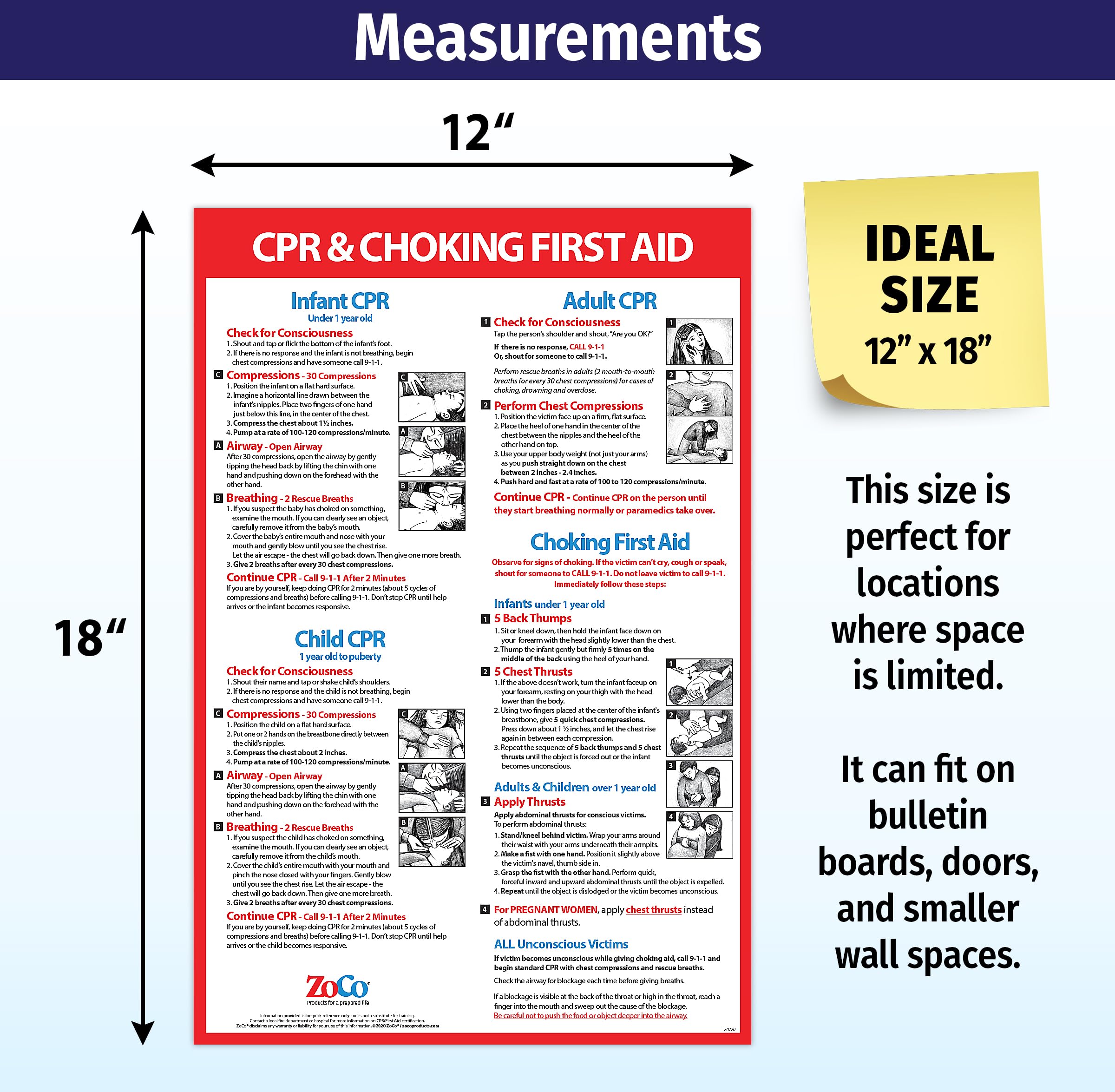 CPR and Choking Poster for Infant, Child, Adult - Laminated, 12 x 18 in. - CPR, Heimlich Maneuver First Aid Sign - Restaurant, School Nurse Office, Workplace Healthcare Poster 4