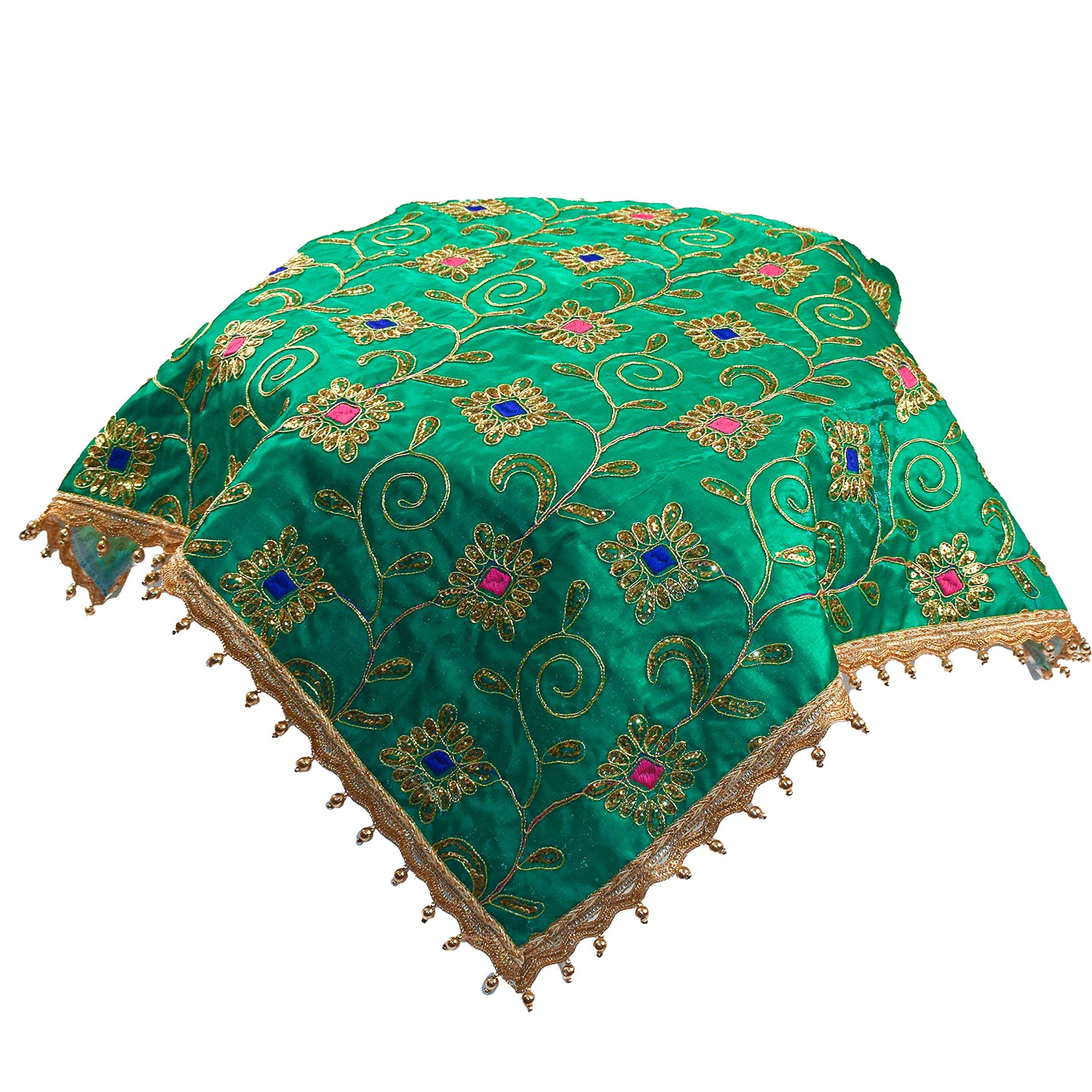 DLC 24 x 24 inch Large Multipurpose Altar Cloth, Green Puja Cloth for Decoration, Golden moti Drop Silk mat for Home Temple, Kite Pooja aasan with Heavy Work 6