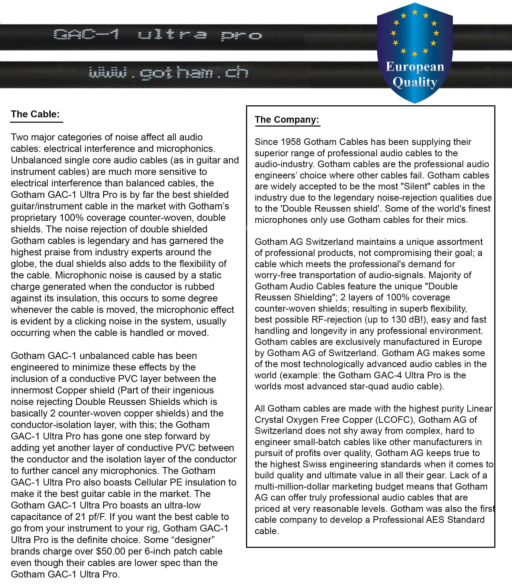 15 Foot - Gotham GAC-1 Ultra Pro - Premium, Low-Capacitance Guitar Bass Instrument Cable - with Straight to Angled 1/4 Inch Eminence Gold Plated Connectors 4