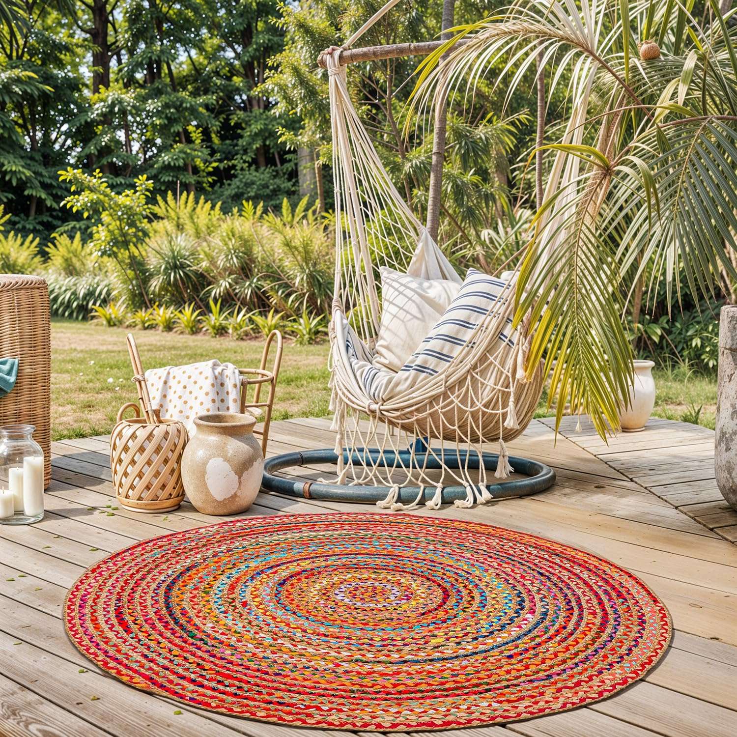 GRUHUM Cotton Area Rug 3ft-Natural Fiber Round Multicolour Handmade Boho Charm Farmhouse Soft Braided Rustic Vintage for Living Room Bedroom Indoor EcoFriendly Kitchen Enterways Hallways(3'ft Round) 3