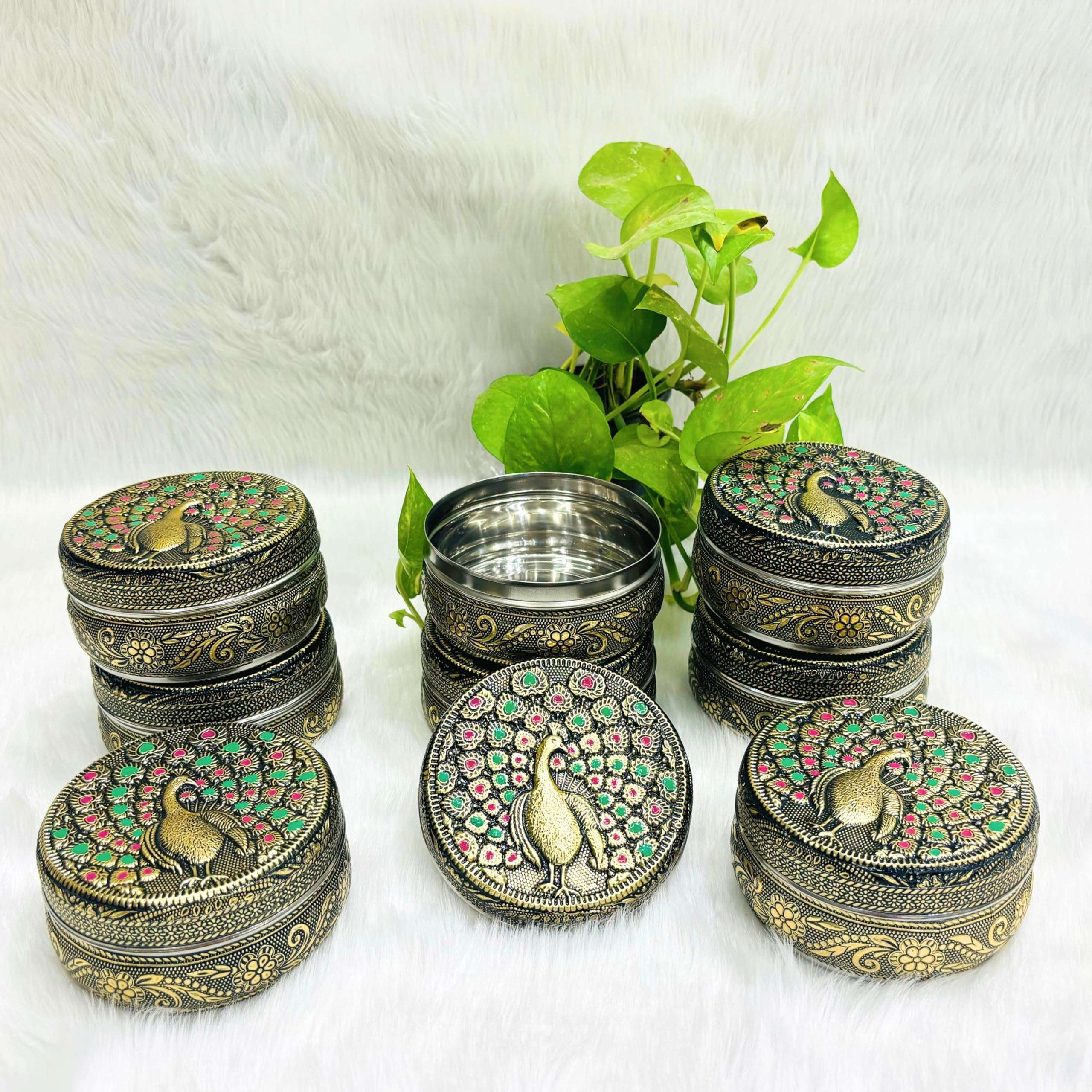 NAVRANG Stainless Steel Meenakari Container Box Chapati/Roti/Laddu/Puri Storage Box Return Gift Box, Poori Box Decorative Utensils Container (Pack of 8) 3