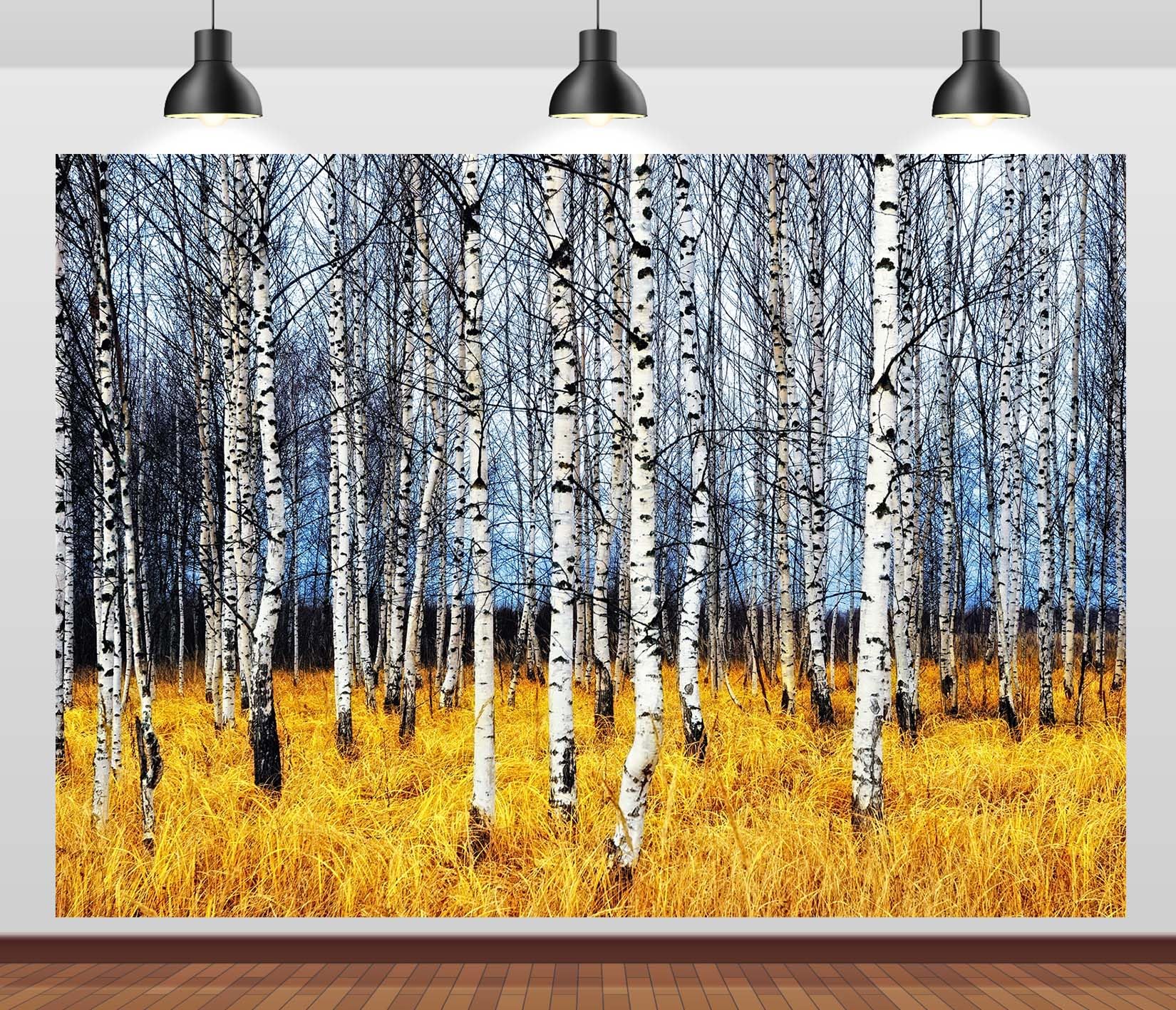 CORFOTO Autumn Forest White Birch Trees Backdrop Fabric 17x10ft Orange Grass Bare Trunk Nature Scene Background for Fall Scenery Birthday Party Decorations Baby Shower Halloween Photoshoot Props 3