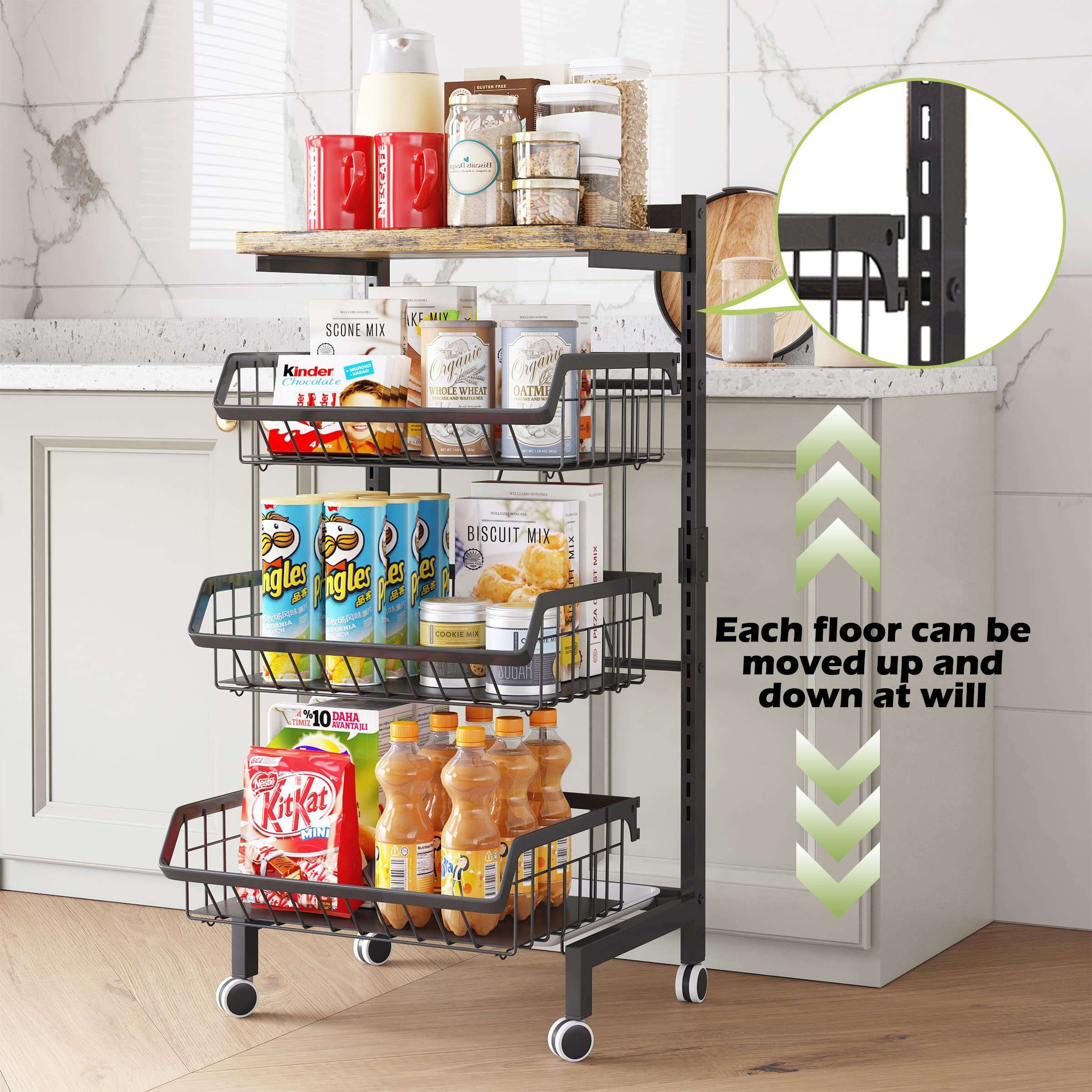 COVAODQ Fruit Basket 4-Tier Adjustable Fruit Vegetable Basket Cart Metal Wire Storage Cart Rolling Pantry Utility Kitchen Cart 4