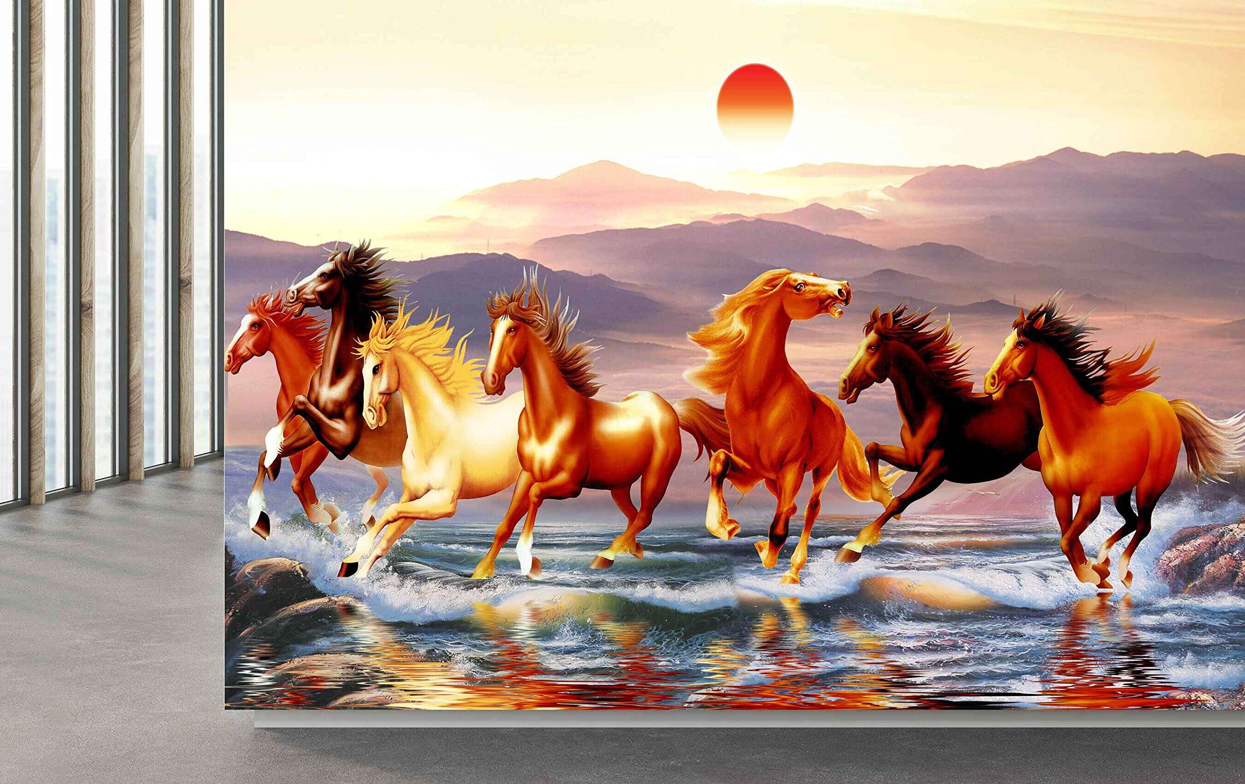 Mystic Walls MWZ3781 Seven 7 Horses Racing Sun Mountains Water HD 3D Seven Horses Wallpaper[4 ft x 3 ft] / [122 cm x 91 cm] 1