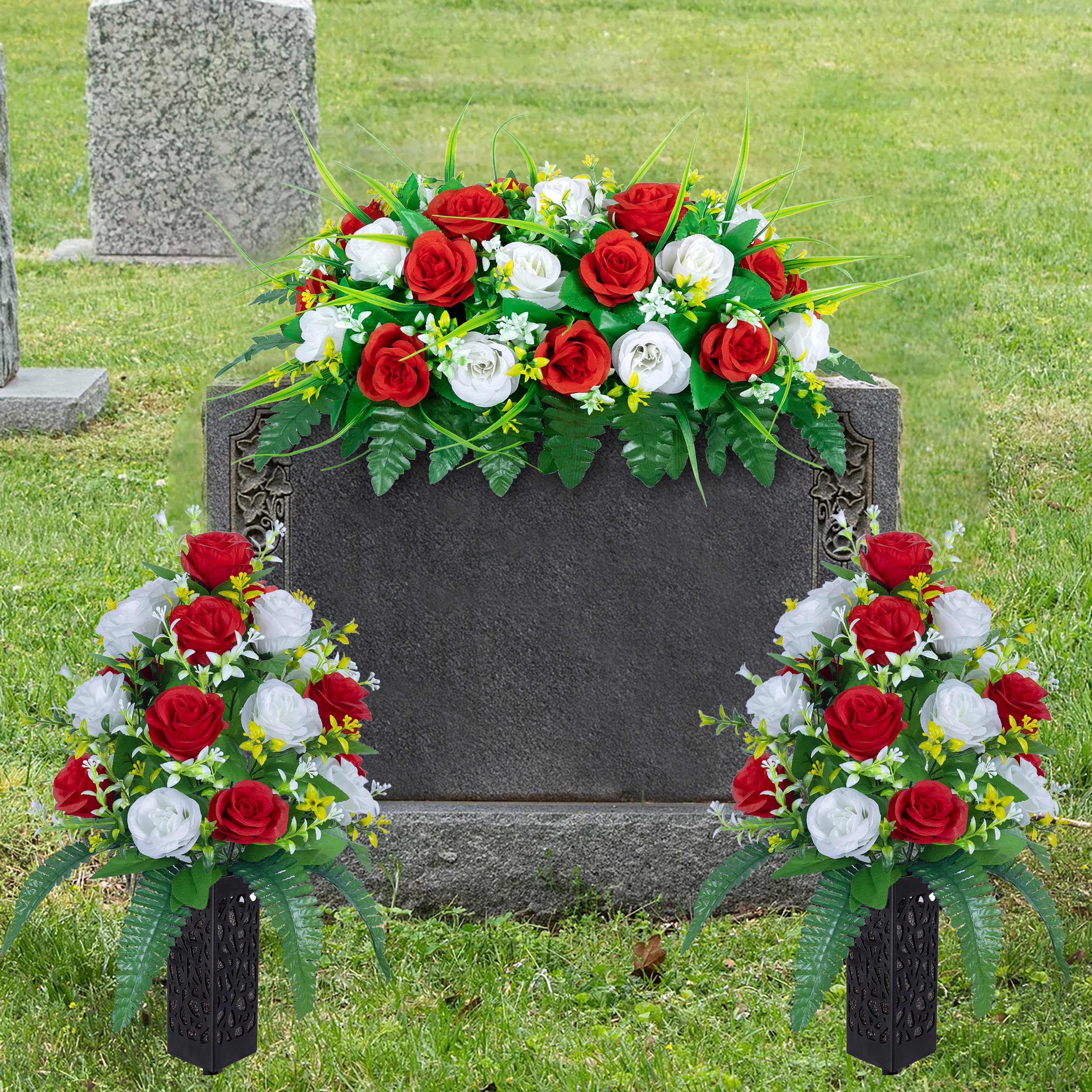 DONODA Cemetery Tombstone Red and White Saddle and 2 Sets of Artificial Cemetery Flowers Suit 3