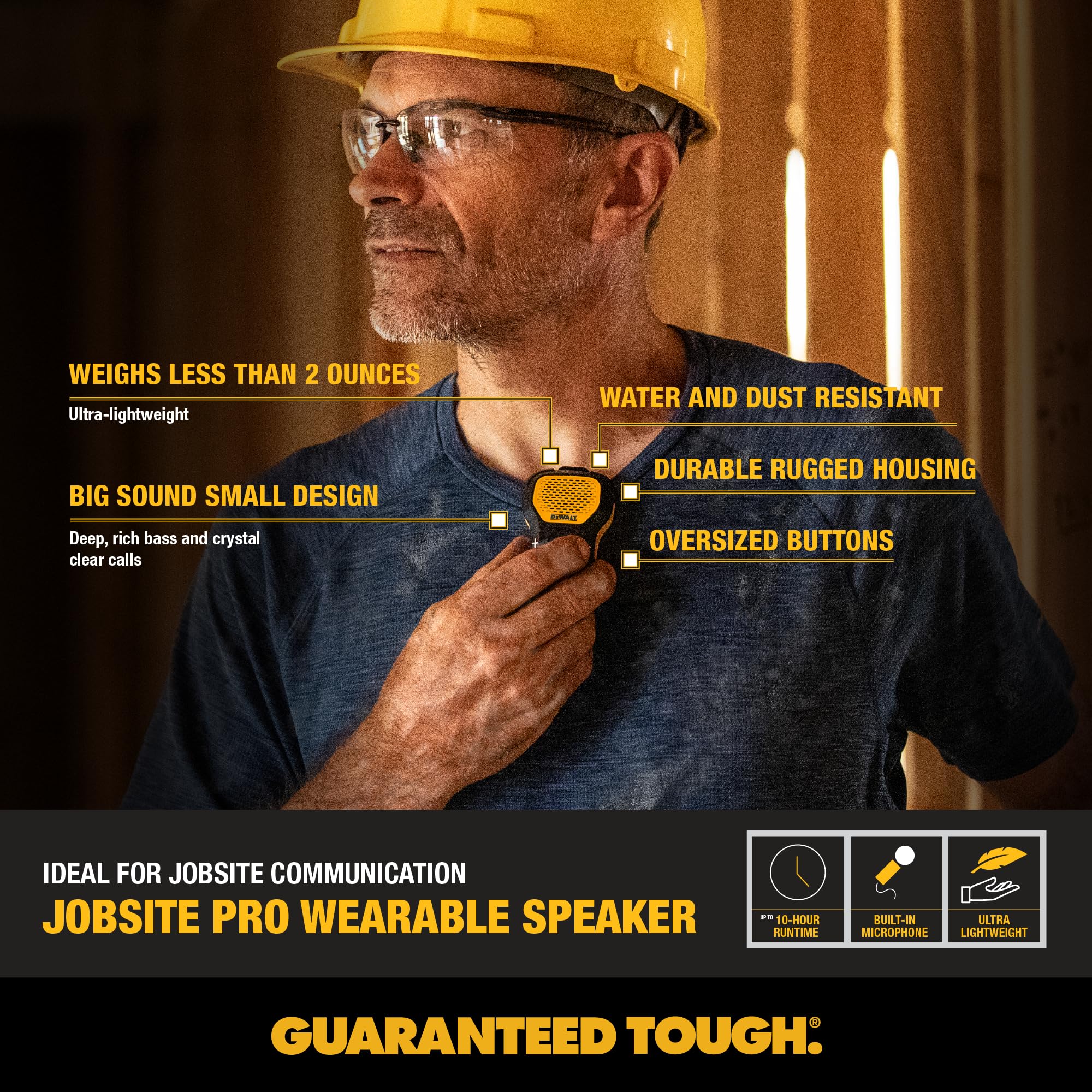 DEWALT Wearable Bluetooth Speaker (Updated Version), Clip-On Wireless Jobsite Pro Water-Resistant Portable Speaker (Non-Magnetic), Built-in Mic for Hands-Free Music/Calls, Bluetooth Speaker (Yellow) 5