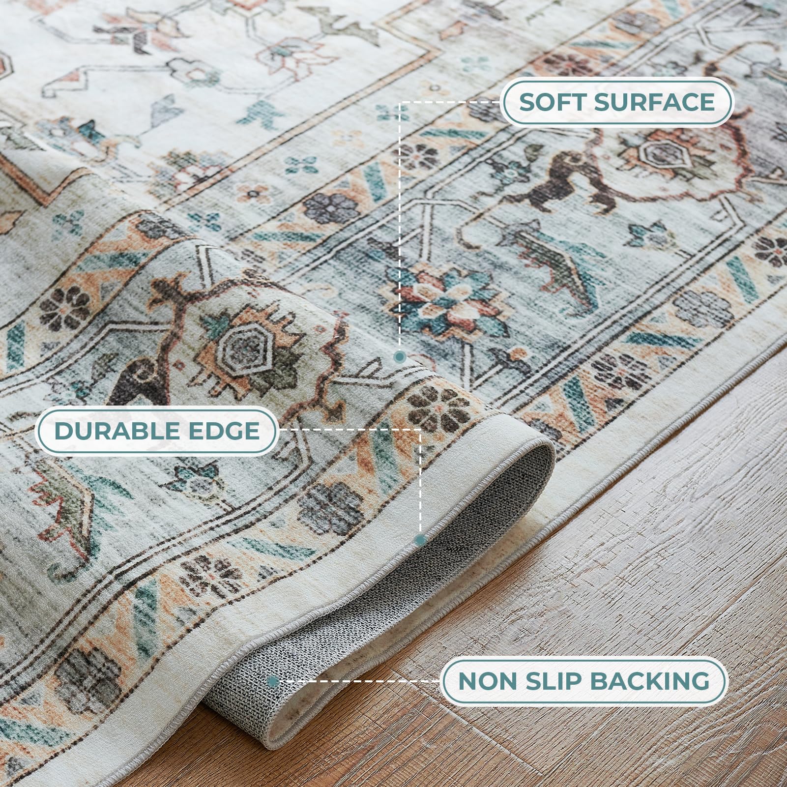 Syalife 4x6 Washable Area Rug, Ultra Soft Non-Slip, Low Pile, Stain Resistant Vintage Area Rug for Living Room,Boho Carpet for Bedroom, Dining Room, Office, Foldable Home Decor Rug, Multi Beige 4