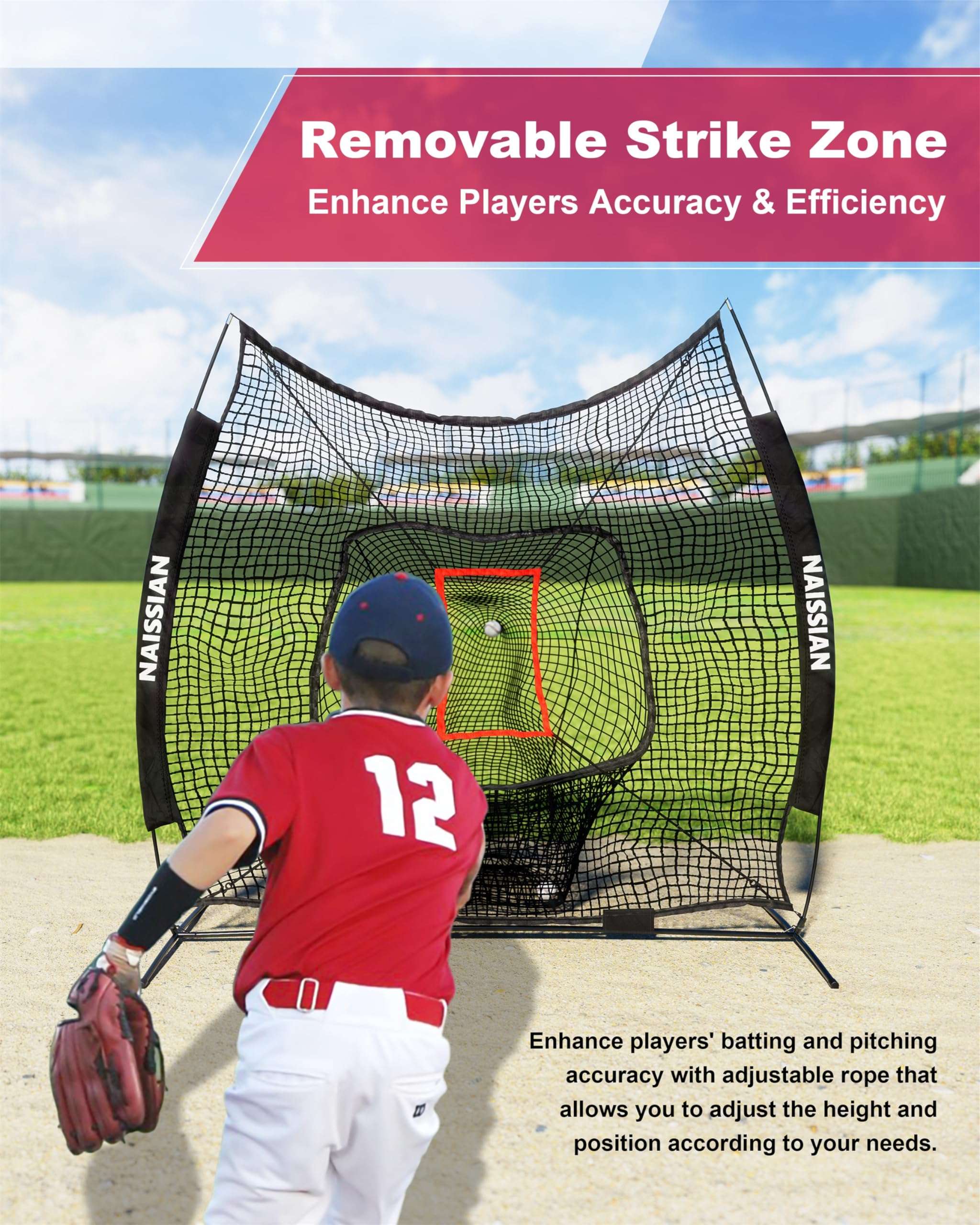 Replacement 7'x7' Baseball Batting and Pitching Net with Adjustable Strike Zone,7 Strand Polyester Baseball Cage Net for Softball Hitting and Throwing Practice,Batting Nets for Backyard (Net Only) 6